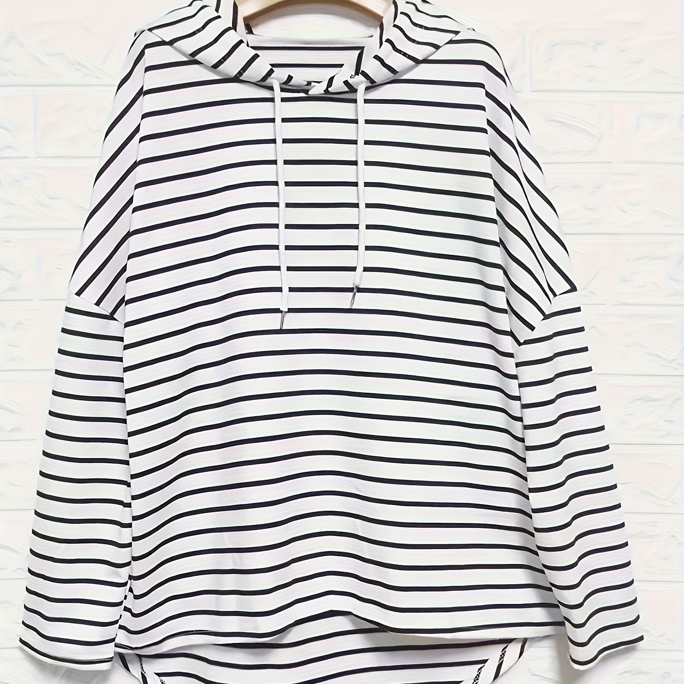 

Plus Size Striped High Low Hem Drawstring Hoodie, Casual Long Sleeve Hoodie For Spring & Fall, Women's Plus Size Clothing