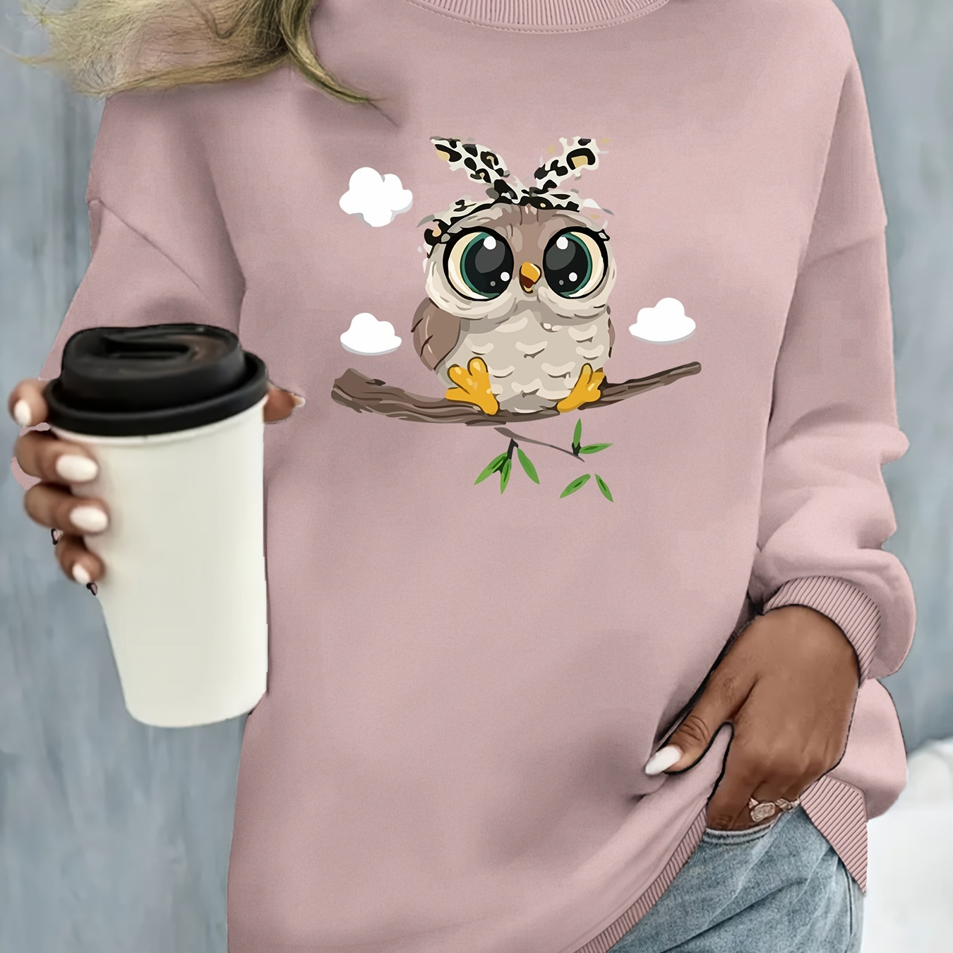 

Plus Size Casual Sweatshirt, Women's Plus Cute Owl Print Long Sleeve Round Neck Sweatshirt