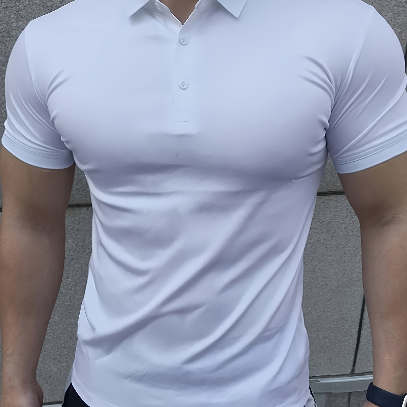 

T-shirts de sport pour hommes - 100% polyester, style col décontracté, stretch moyen, couleur unie, , détail bouton, coupe ajustée, tissu tricoté, séchage rapide, haut respirant à manches courtes