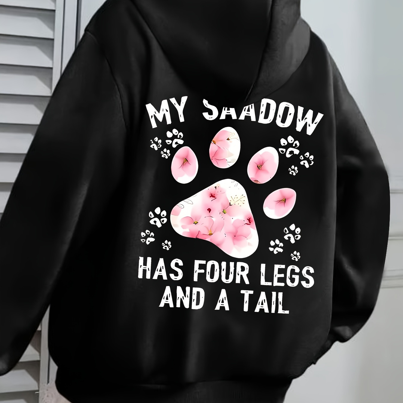 

Women's Casual Black Hoodie With " Has 4 Legs And A Tail" Print - Long Sleeve, Drawstring, Kangaroo Pocket, Polyester, Machine Washable, Oversized Hoodie