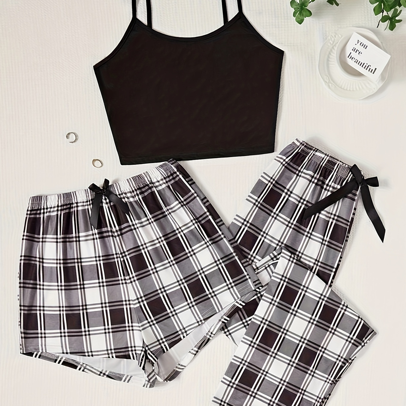 

3pcs Set Of Suspenders Top + Trousers And Shorts Pajama Set