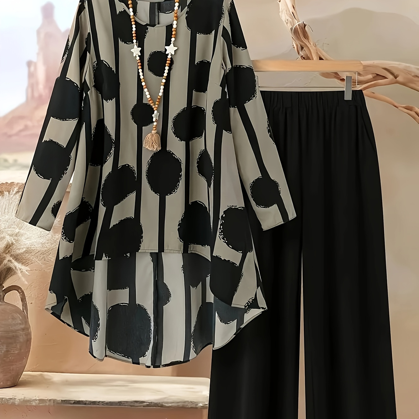 Women's Polka Dot Tunic Top + Black Pants 2pcs Set