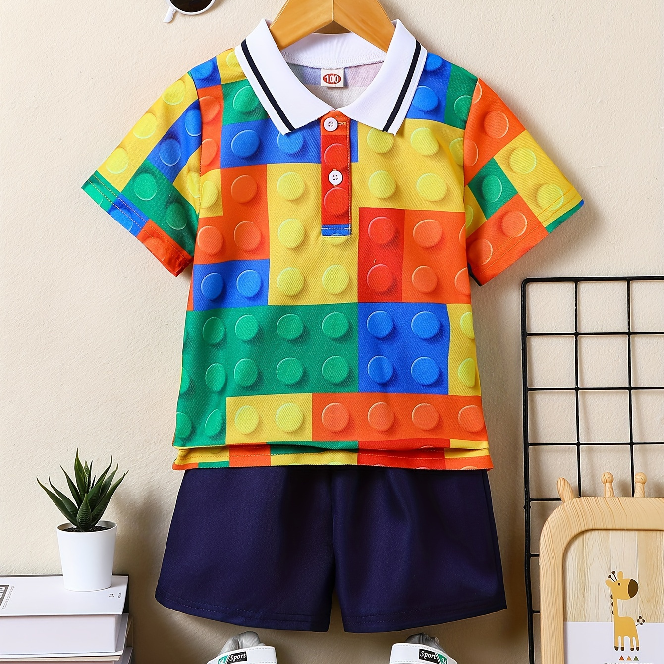 

Boys 2-piece Casual Outfit Set, Building Block Print Versatile Short Sleeve Button Up Shirt With Shorts, Comfy Summer Clothes