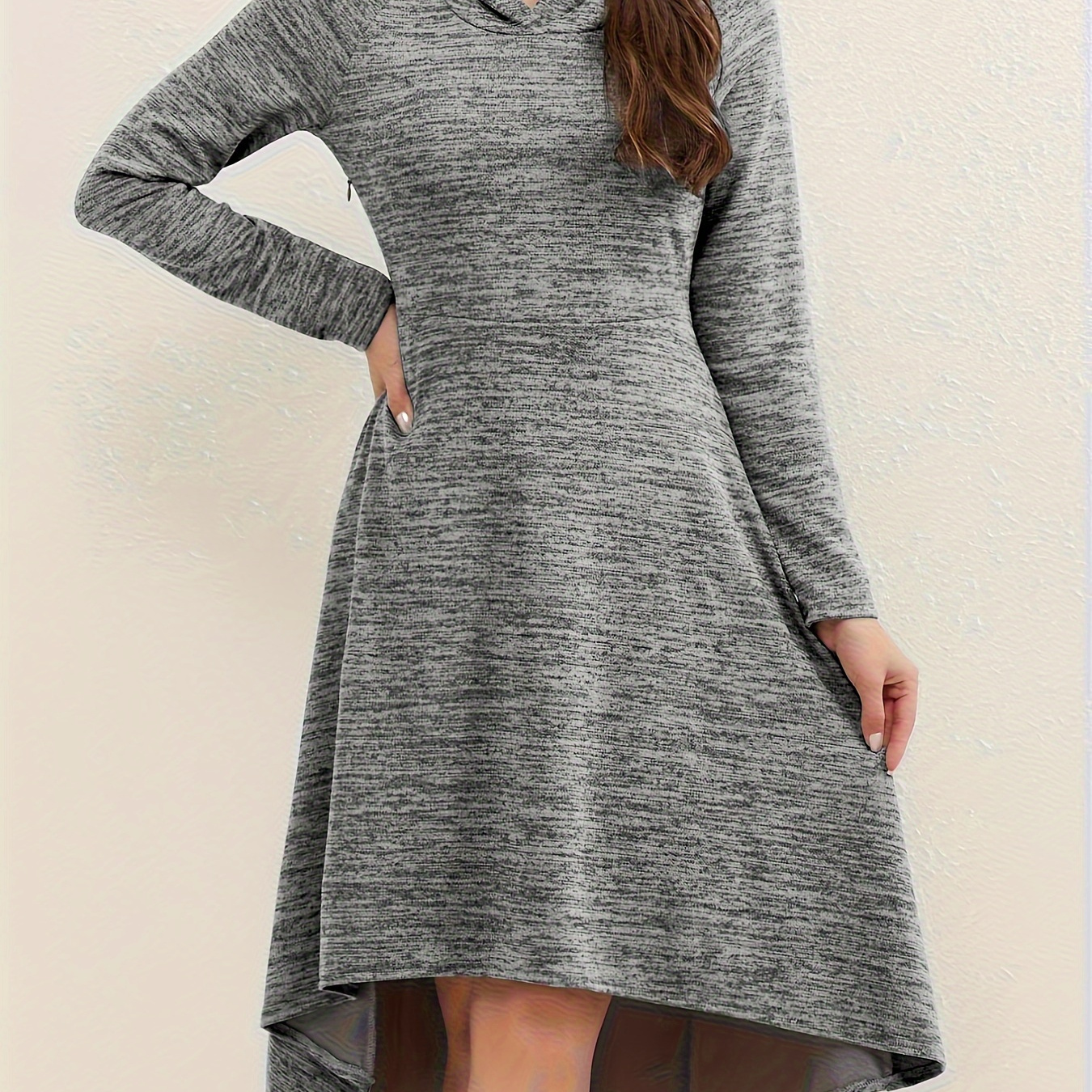 

Dipped Hem Hooded Dress, Casual Long Sleeve Solid Dress, Women's Clothing