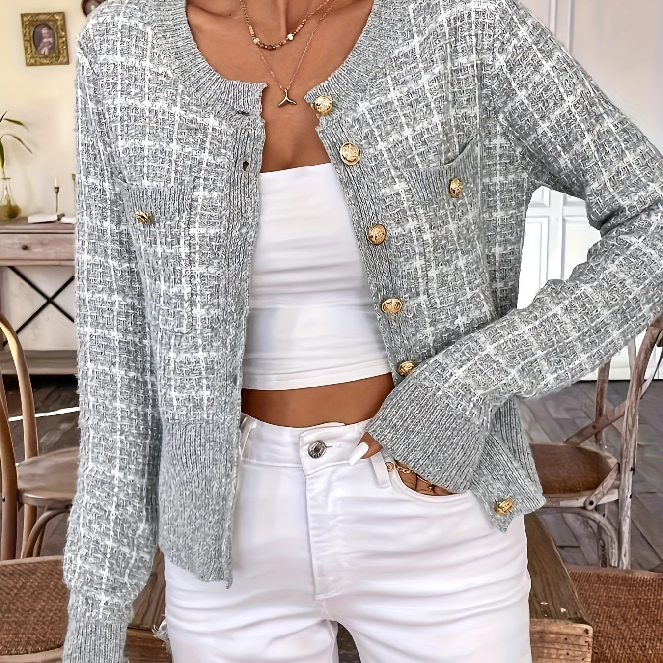 

Women's Elegant Button-front Cardigan - Long Sleeve, Light Blue And White, Spring/fall, Machine Washable, Autumn Layering Piece|sophisticated Buttonfront|nylon Polyester Mix