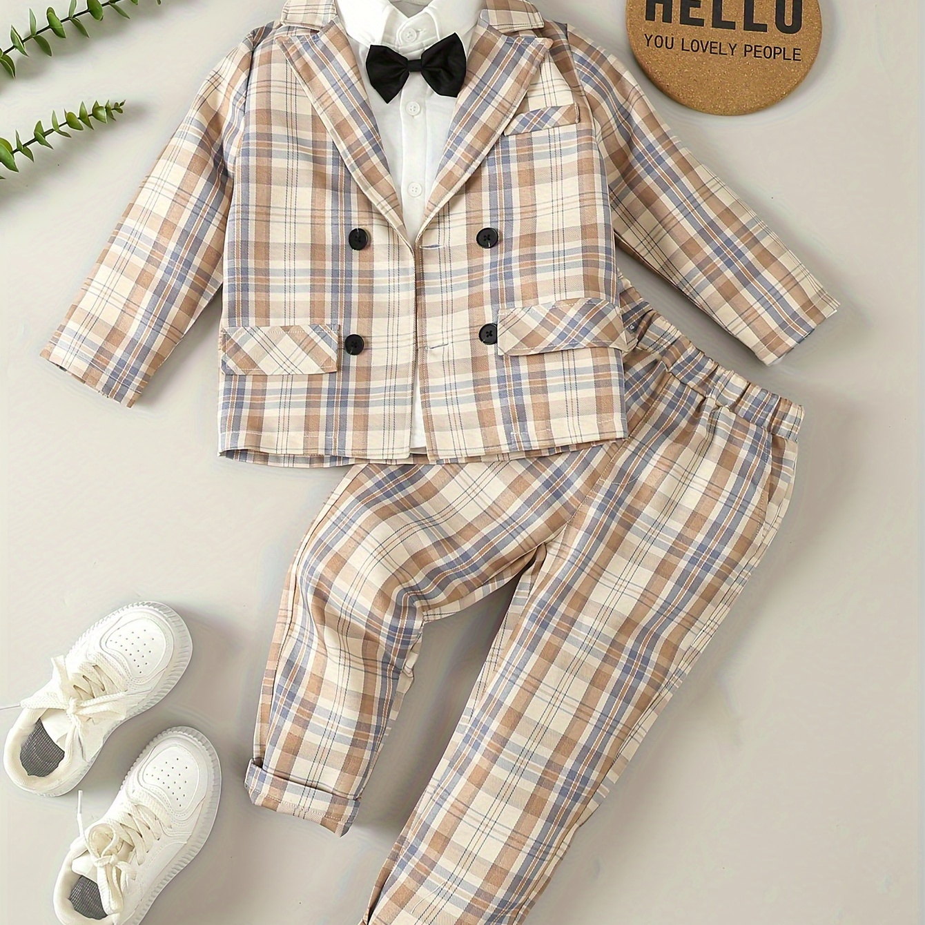 

Boys 3-piece Suit Set - Casual Spring/autumn Lightweight Checkered Gentleman Jacket With Long Sleeve White Shirt & Bow Tie + Matching Plaid Trousers, Formal Performance Attire For Events