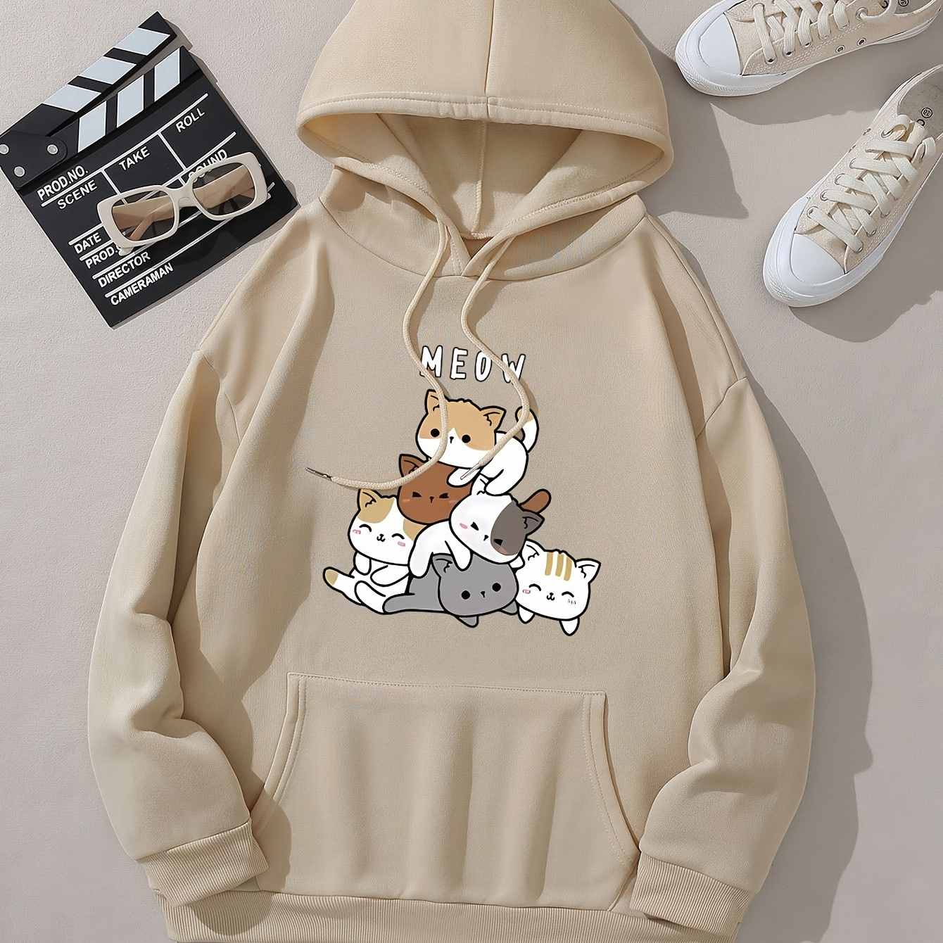 

Cartoon Cats Print Kangaroo Pocket Hoodie, Drawstring Casual Hooded Sweatshirt For Winter & Fall, Women's Clothing
