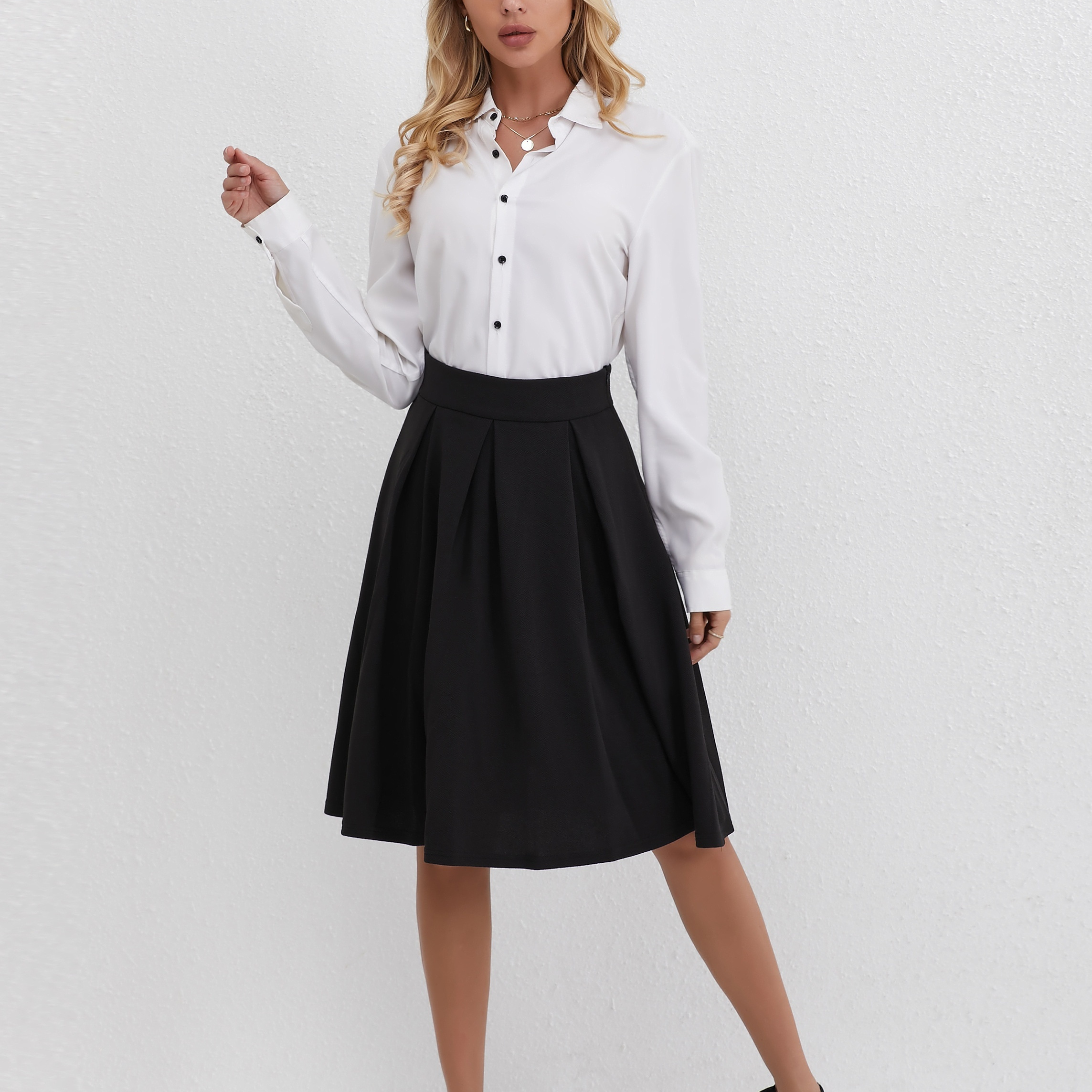 

Solid High Waist Swing Skirt, Elegant Aline Work Skirt For Spring & Fall, Women's Clothing