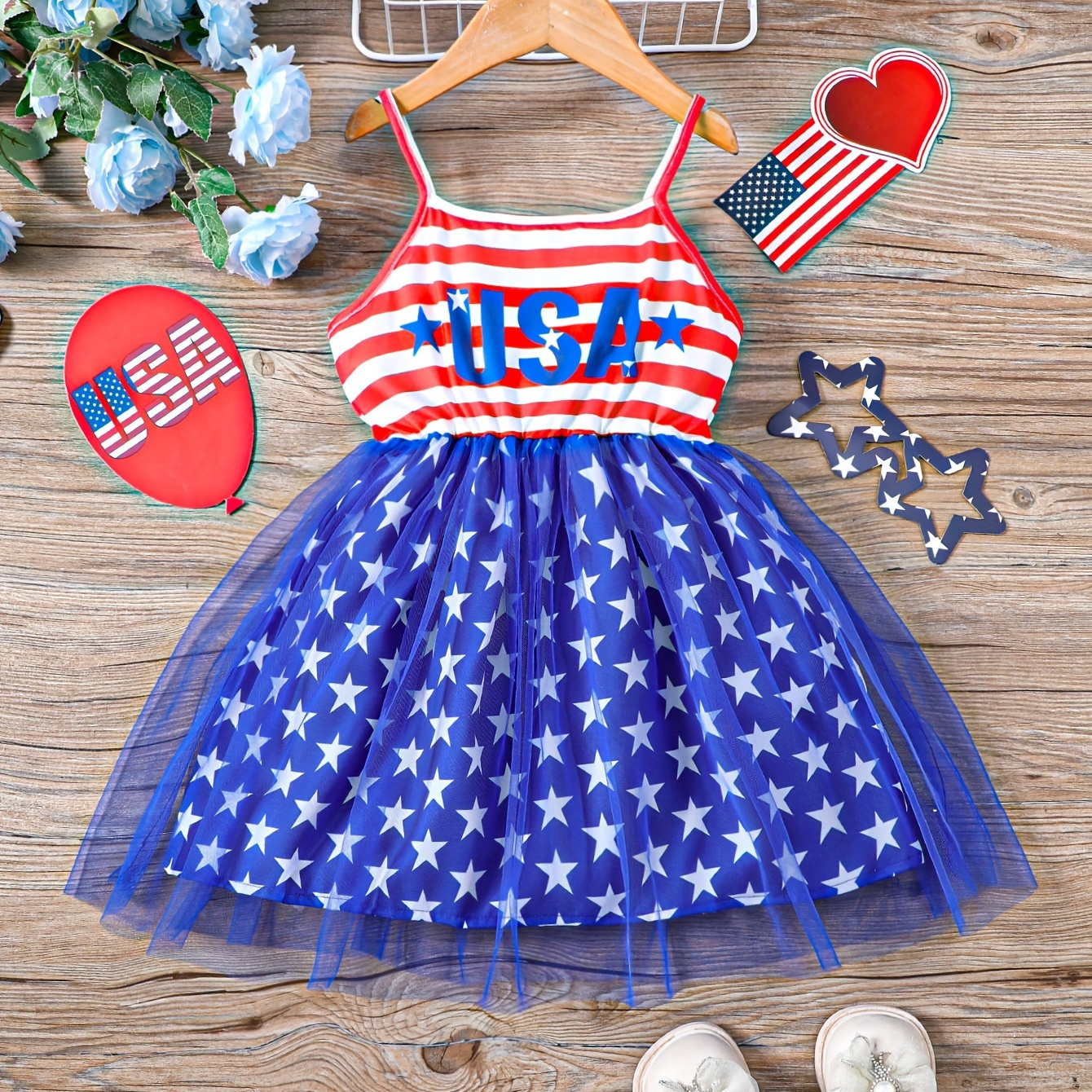 

Girls Splicing Stripped Star Graphic Usa Print Cami Tutu Dress Mesh Dress Independence Day Party Gift Summer