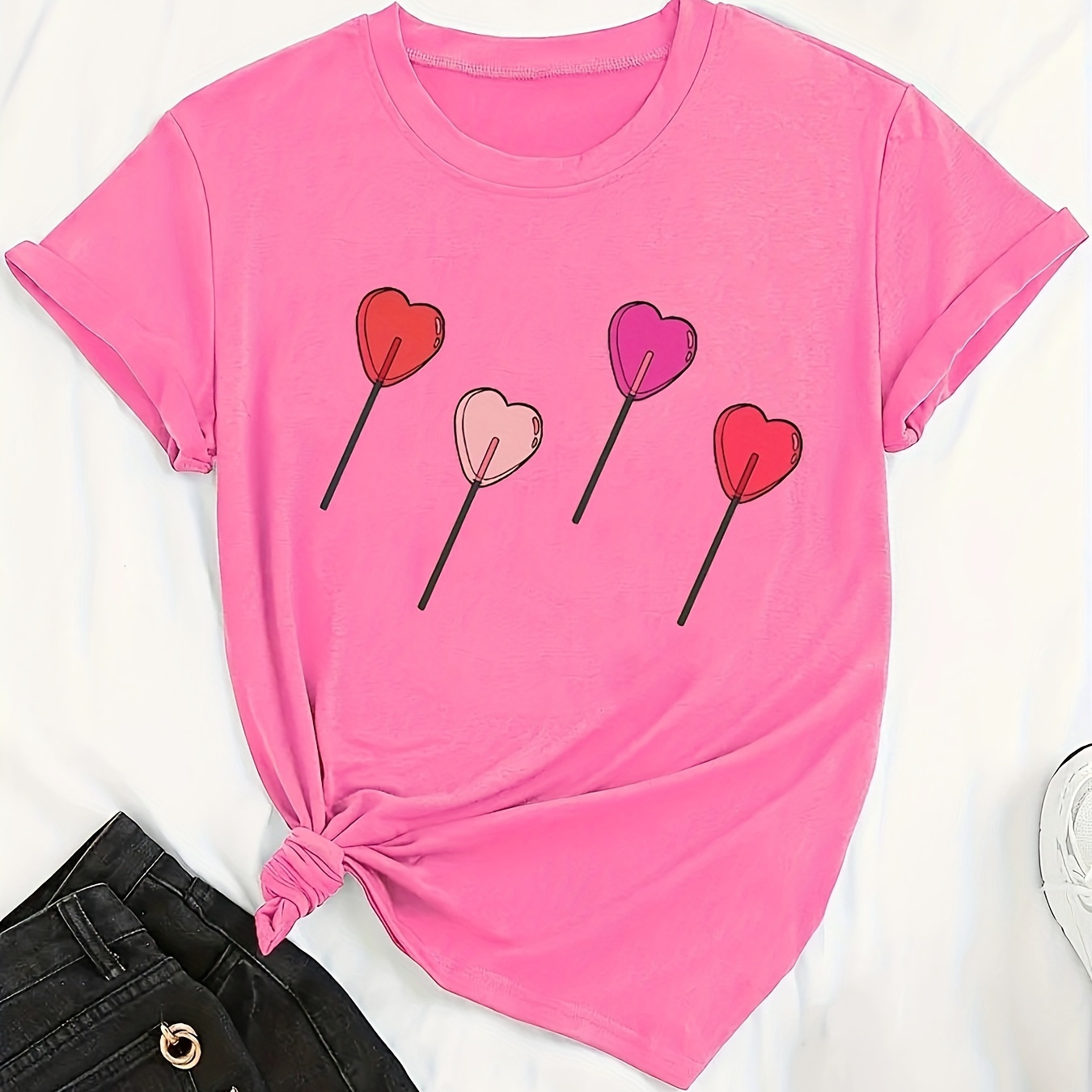 

Valentine's Day Heart Print T-shirt, Casual Short Sleeve Crew Neck Top For Spring & Summer, Women's Clothing