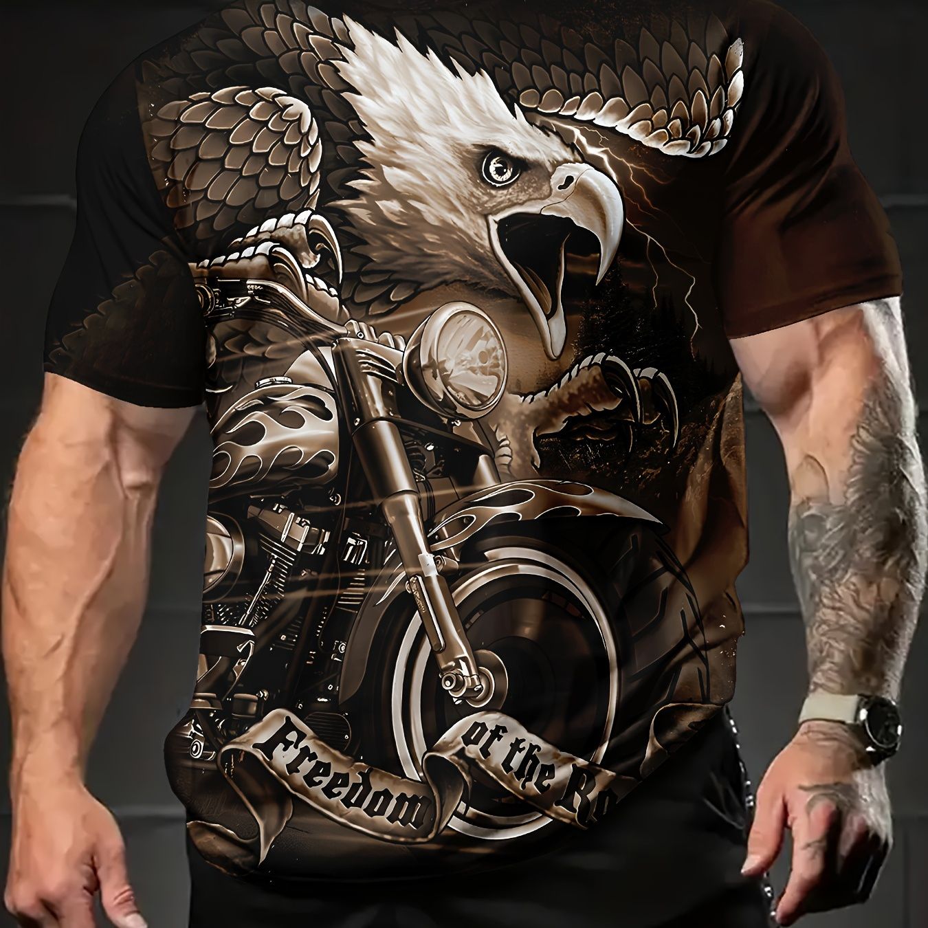 

Eagle And Motorcycle Pattern Print Men's Crew Neck Short Sleeve T-shirt, Casual Summer T-shirt For And Vacation Resorts