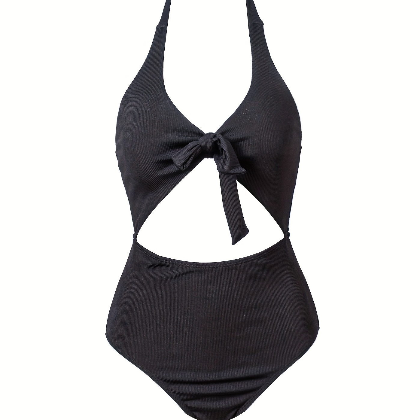 

Rib Knit Texture Halter Neck 1 Piece Swimsuit, Knot Tie Front Cut Out Black Bathing Suit, Women's Swimwear & Clothing