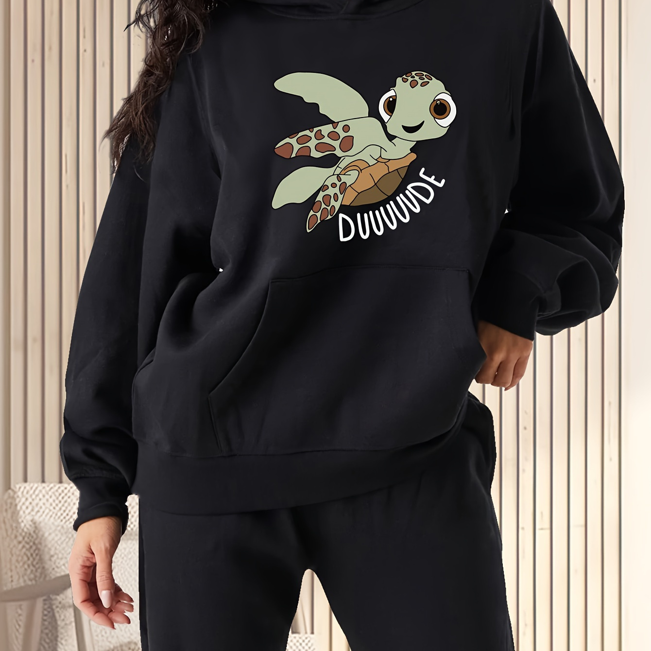 

Women's Sports And Casual Fashion Printed Hoodie, Cartoon Turtle Pattern, Slightly Elastic Comfortable Top Pullover, For Fall