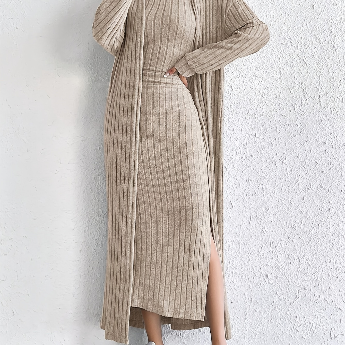 

Solid Ribbed Knitted Dress Set, Elegant Open Front Long Sleeve Drop Shoulder Cardigan & Crew Neck Split Tank Dress Outfits, Women's Clothing