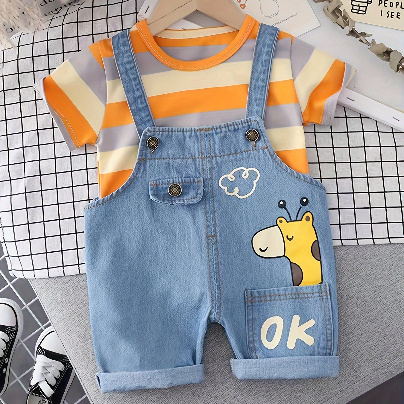 

2pcs Infant Boy's Cotton Printed Summer Set, Striped T-shirt & Cute Giraffe Print Denim Suspender Shorts