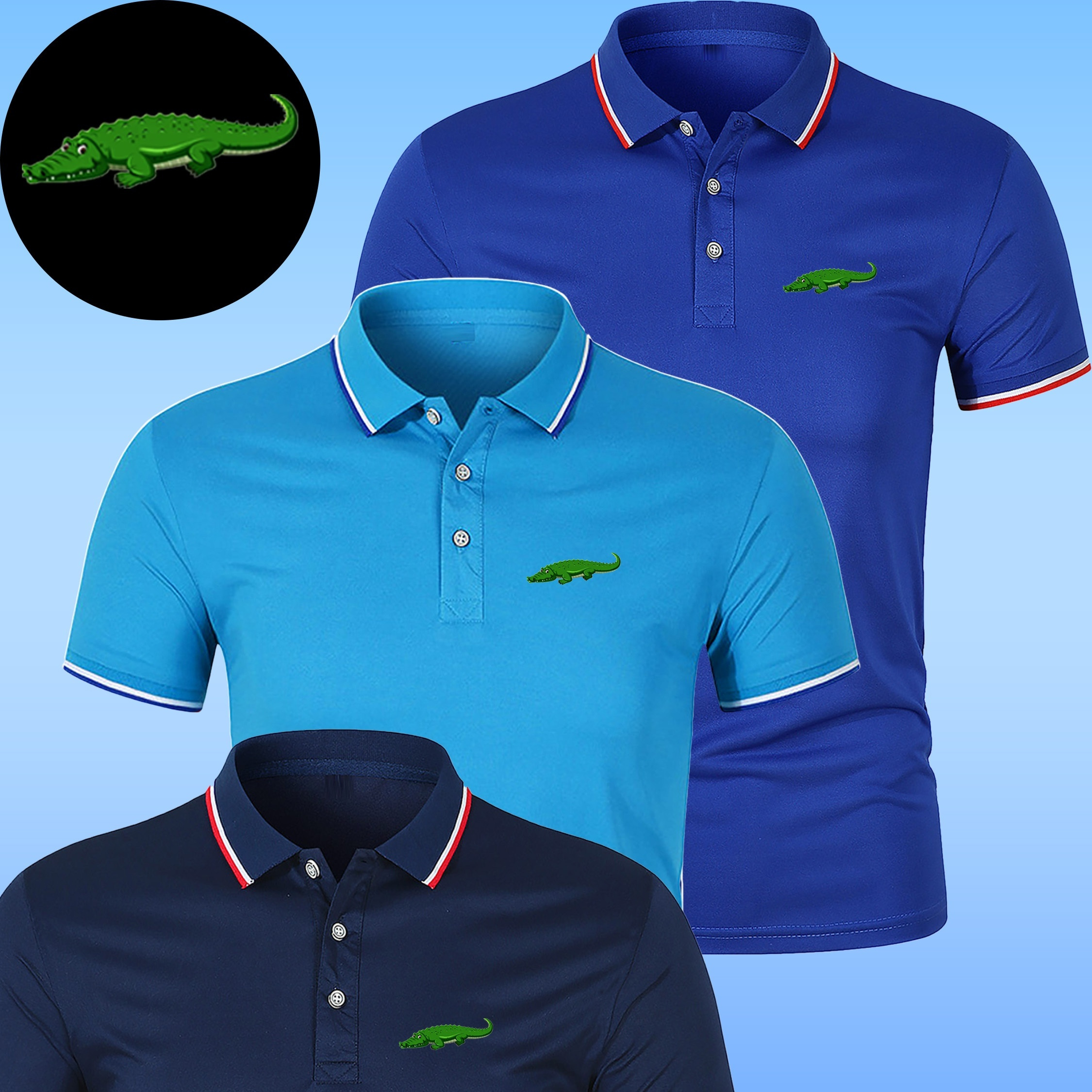 

3pcs Crocodile Graphic Print Men's Short Sleeve Lapel Golf T-shirt, Business Tennis Tees, Casual Comfortable Versatile Top For Summer, Outdoor Sports
