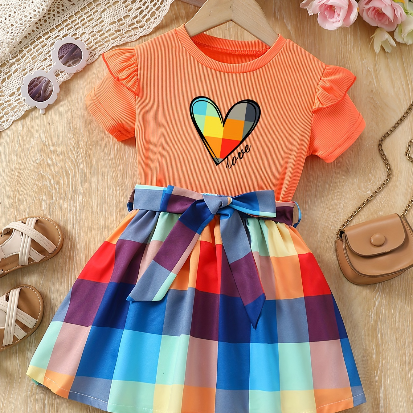 

Girl's 2pcs Multicolored Plaid Heart Print Outfit, Ruffle T-shirt & Plaid Short Skirt Set, Party Street Everyday Summer Clothes