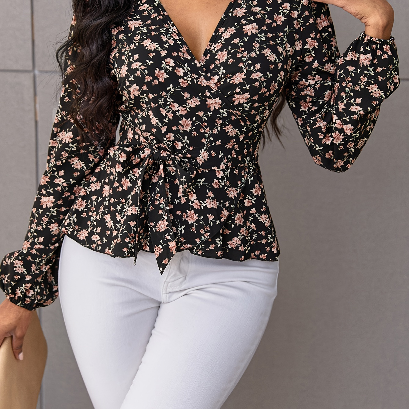 

Floral Print Ruffle Trim V-neck Blouse, Elegant Lantern Sleeve Blouse For Spring & Fall, Women's Clothing