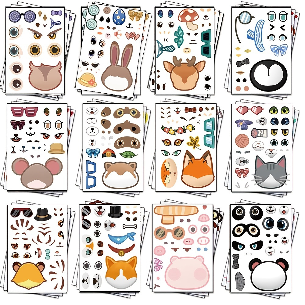 

15pcs Make-a-face Sticker Sheets - Mix And Match Safari, Sea, And Fantasy Animals For Parties And Crafts
