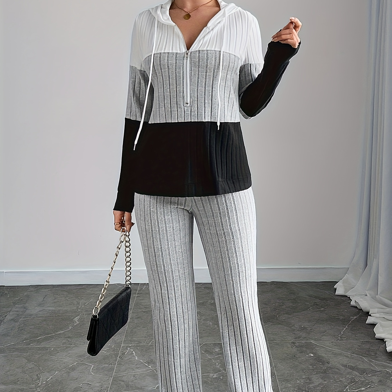 

Women's Hooded Patchwork Knit Pantsuit, Polyester , Long Sleeve Top And Striped Pants Set, For Spring/fall