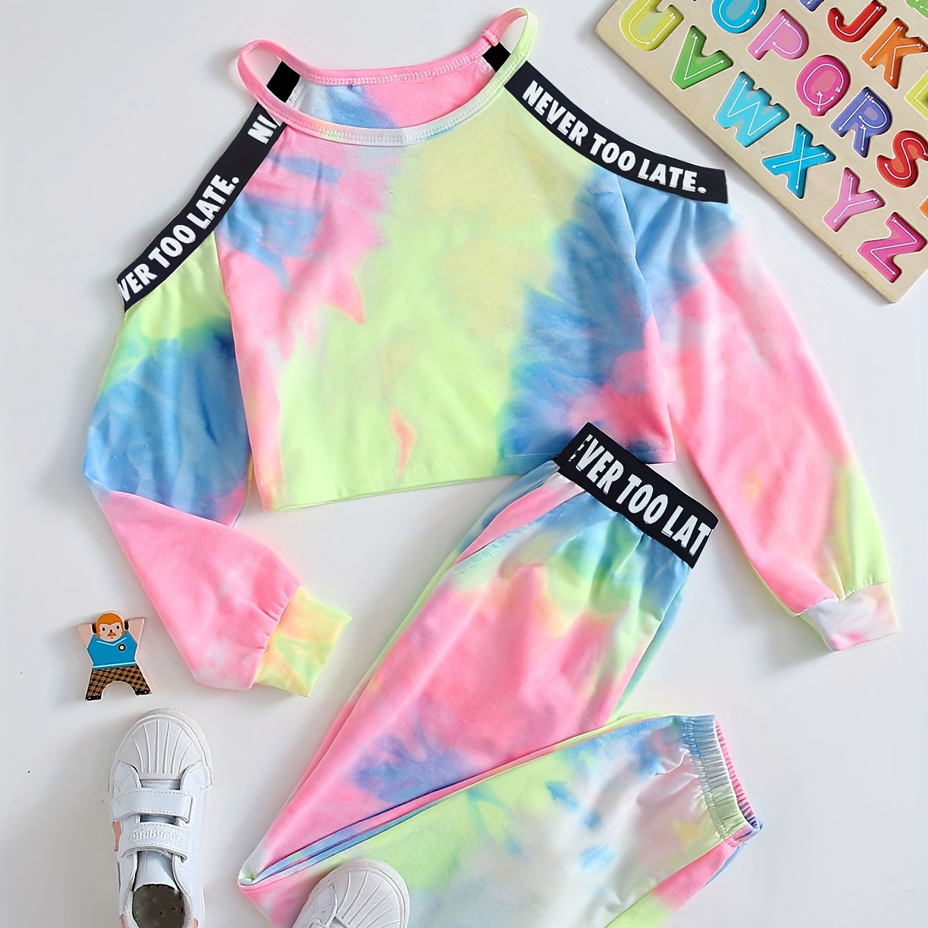 

2pcs Tie Dye Suit Girl's Shoulder Long- Top + Pants Set - & Fall Clothes, Outfits, Clothing