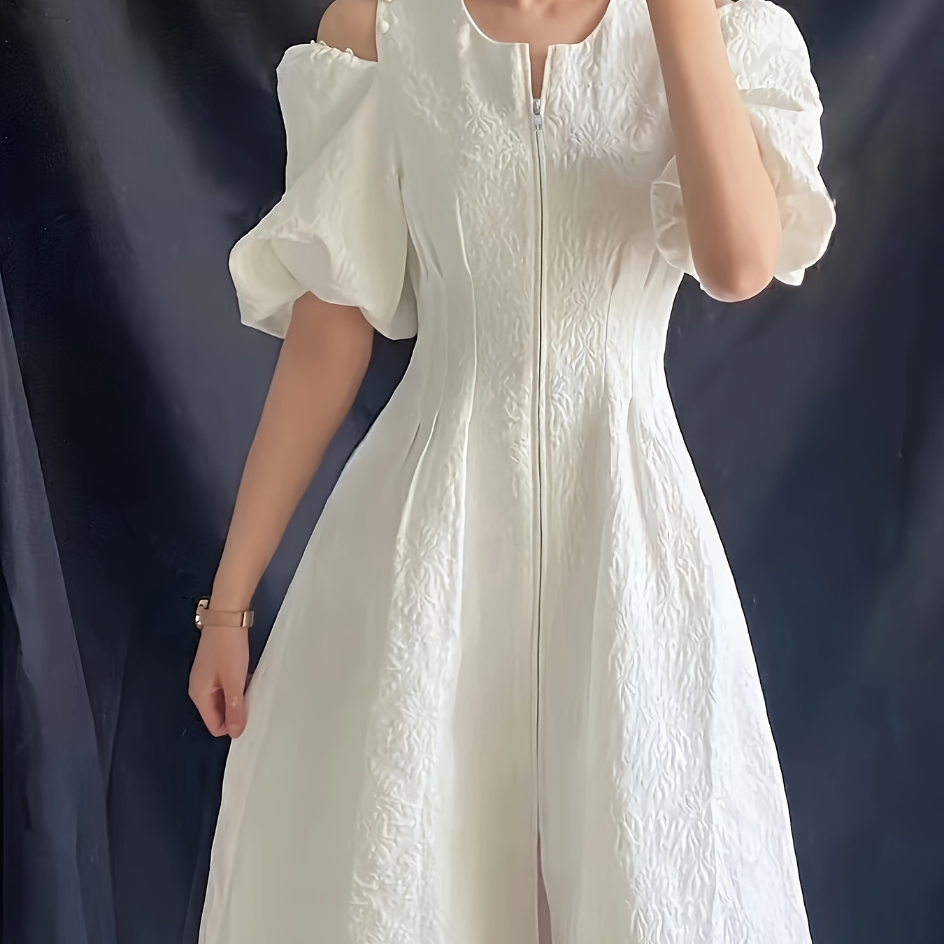 

Plain Color Cold Shoulder Dress, Elegant Puff Sleeve Cinched Waist A-line Dress For Spring & Summer, Women's Clothing