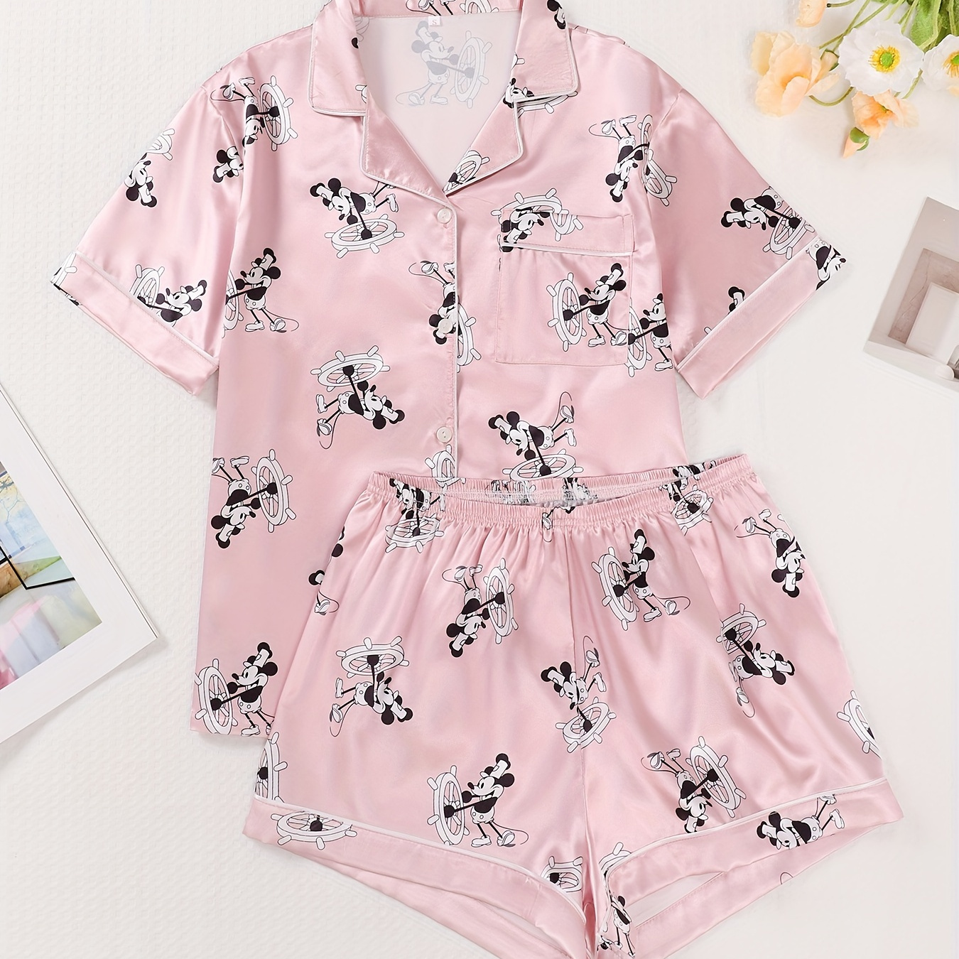 

Cartoon Mouse Print Satin Pajama Set, Cute Short Sleeve Button Up Lapel Collar Blouse & Elastic Shorts, Women's Sleepwear & Loungewear