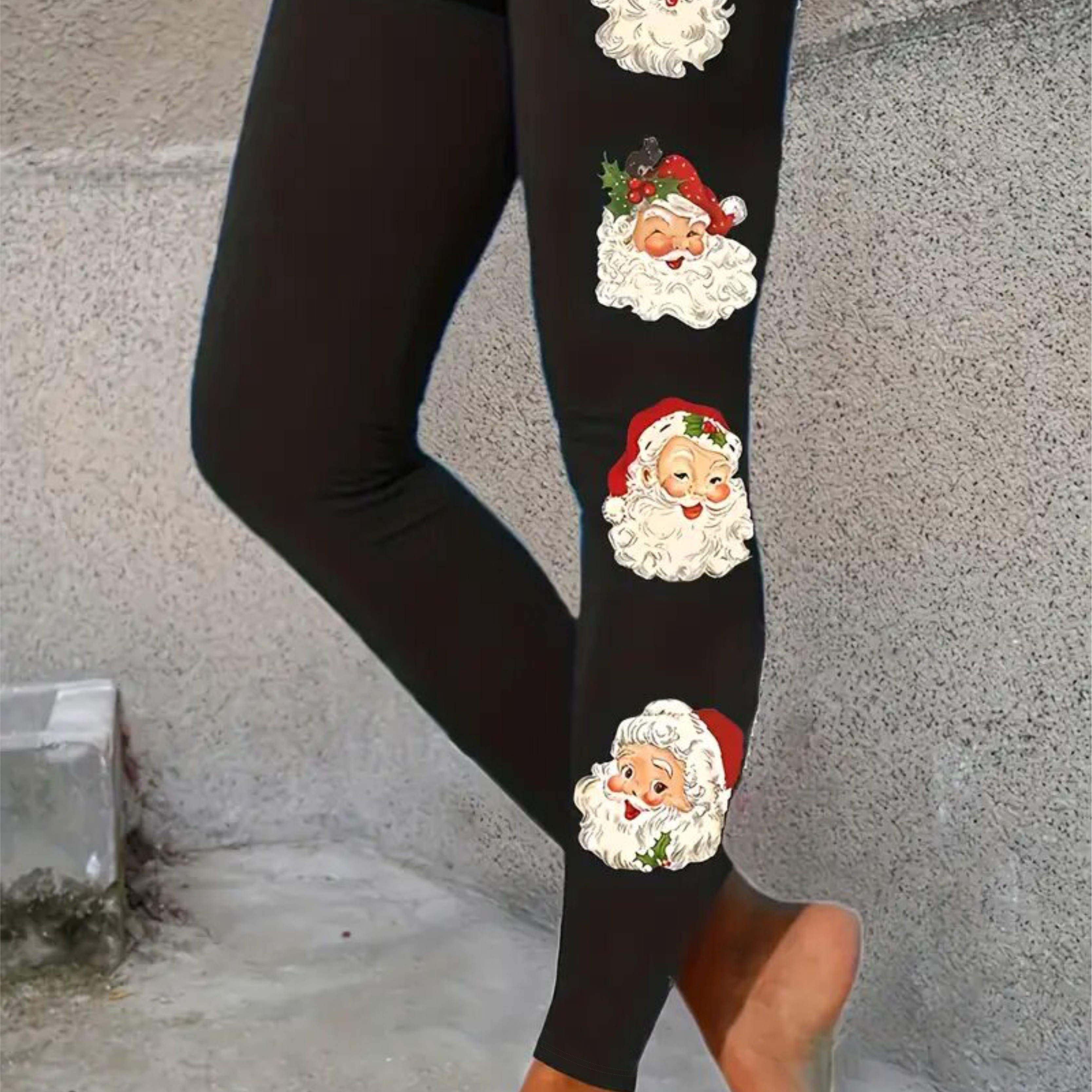 

High-waisted Christmas Santa Print Leggings For Women - Casual Polyester Spandex Knit , Holiday Pattern Stretch Pants