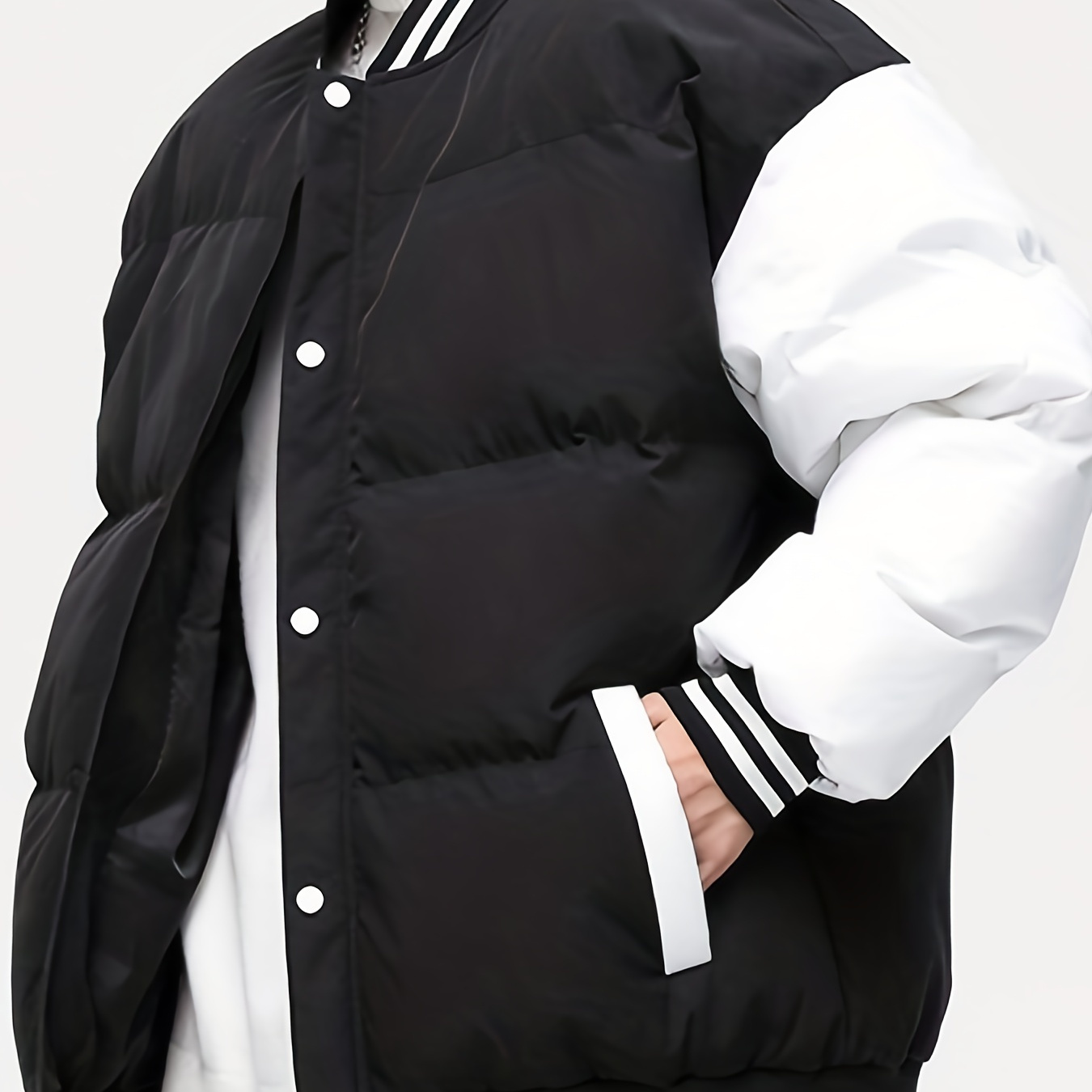 Plus Size Men's Contrast Color Puffer Baseball Jacket Thick Raglan Jacket For Fall Winter, Men's Clothing