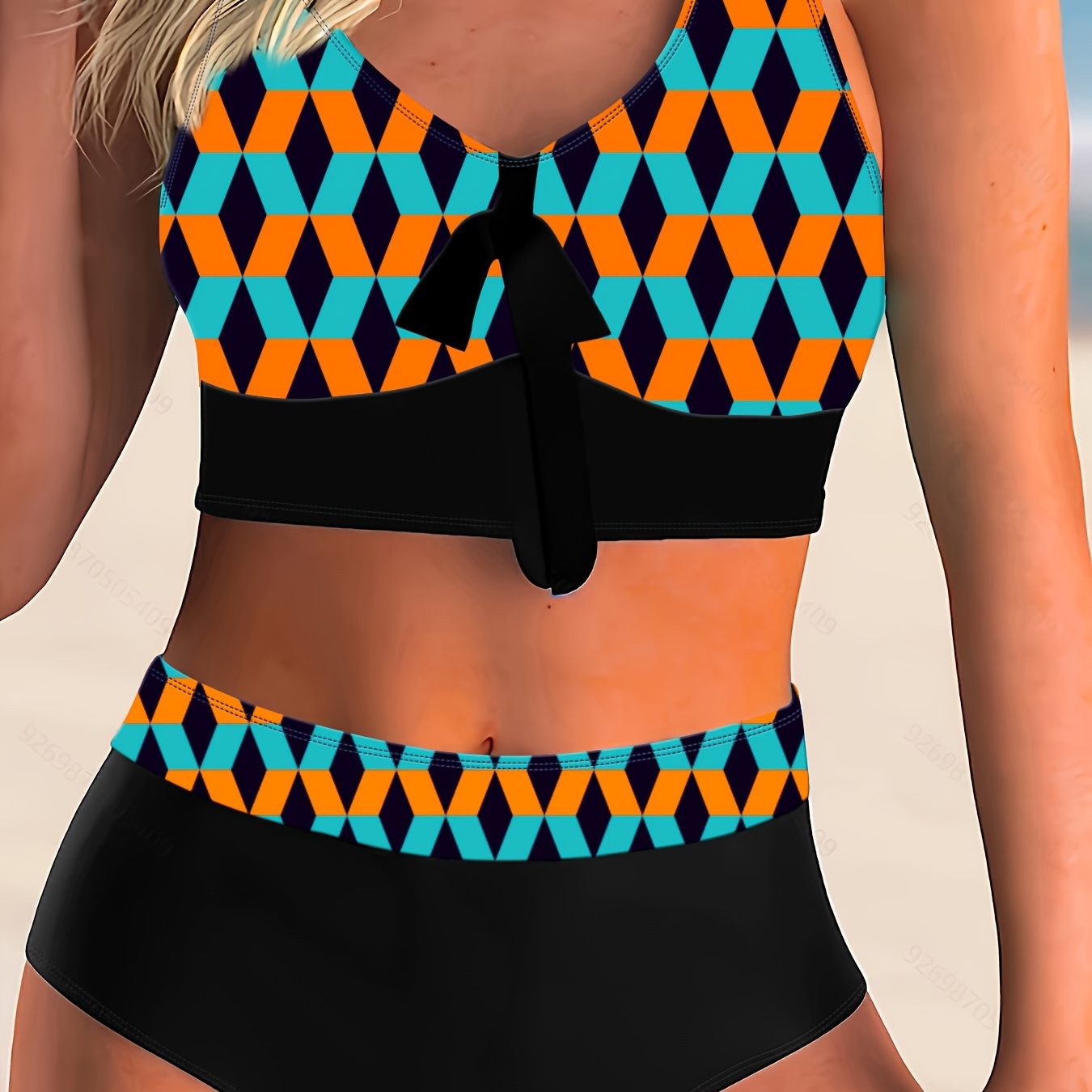 

Plus Size High-waisted Two-piece Bikini Set For Women - Sexy Geometric Pattern Swimwear With Front Tie Top And High Rise Bottoms