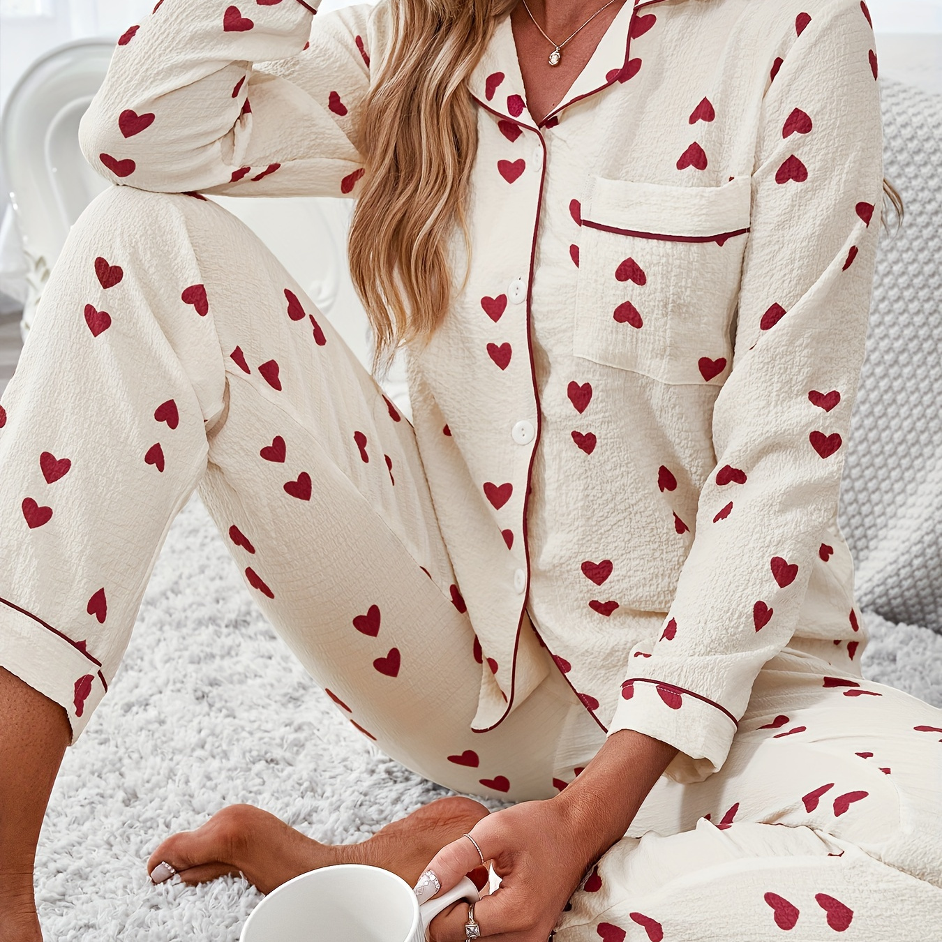 

Women's Heart Print Textured Casual Pajama Set, Long Sleeve Buttons Lapel Top & Pants, Comfortable Relaxed Fit For Fall & Winter