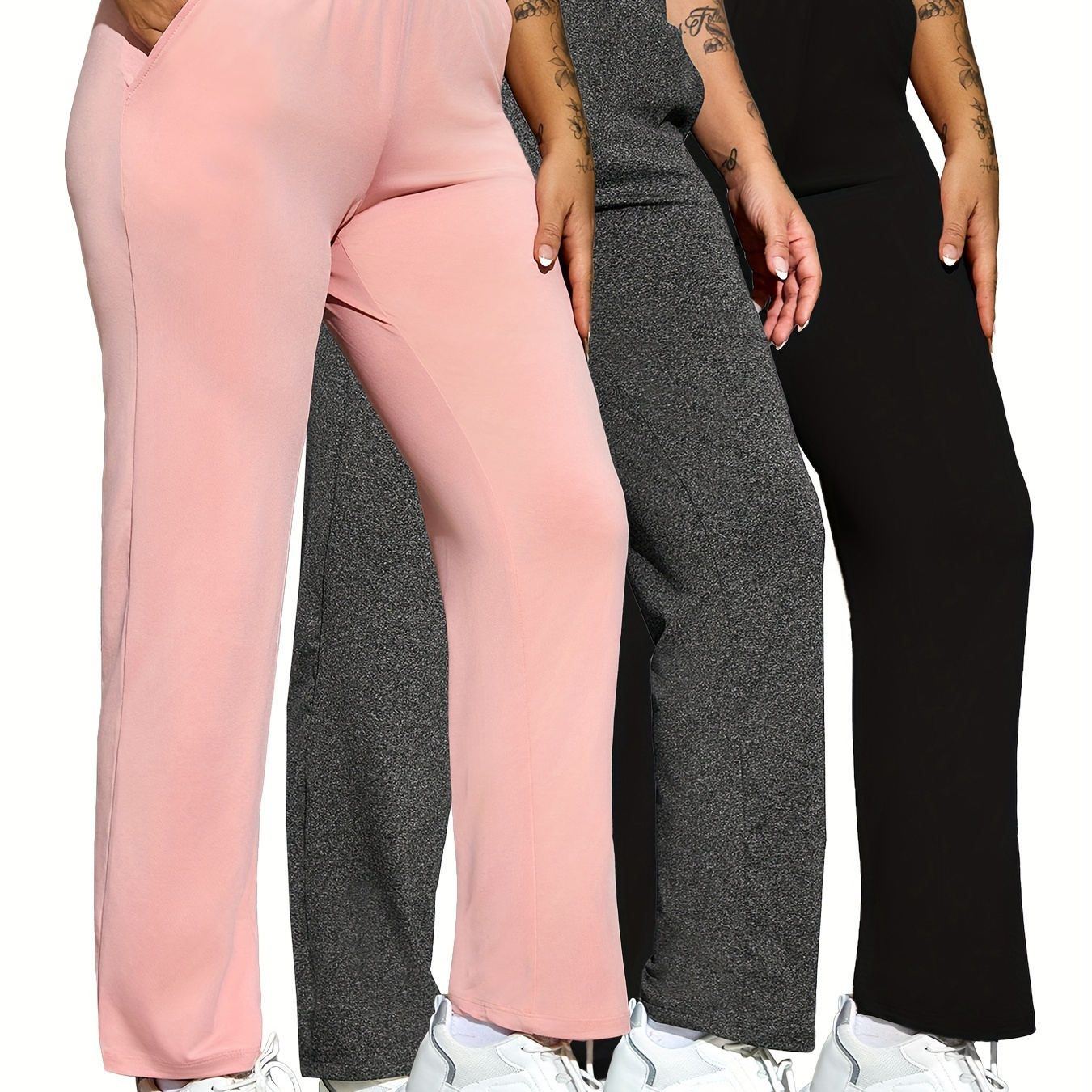 

3 Pack Plus Size Sports Pants, Women's Plus Solid High Rise Medium Stretch Wide Leg Trousers With Pockets 3 Piece Set