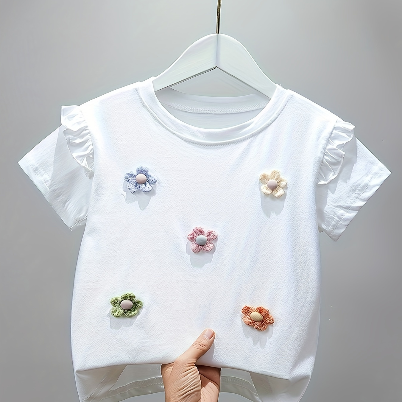

100%cotton, Casual Flower Decor Ruffle Trim Short Sleeve T-shirt Tops For Girls Summer