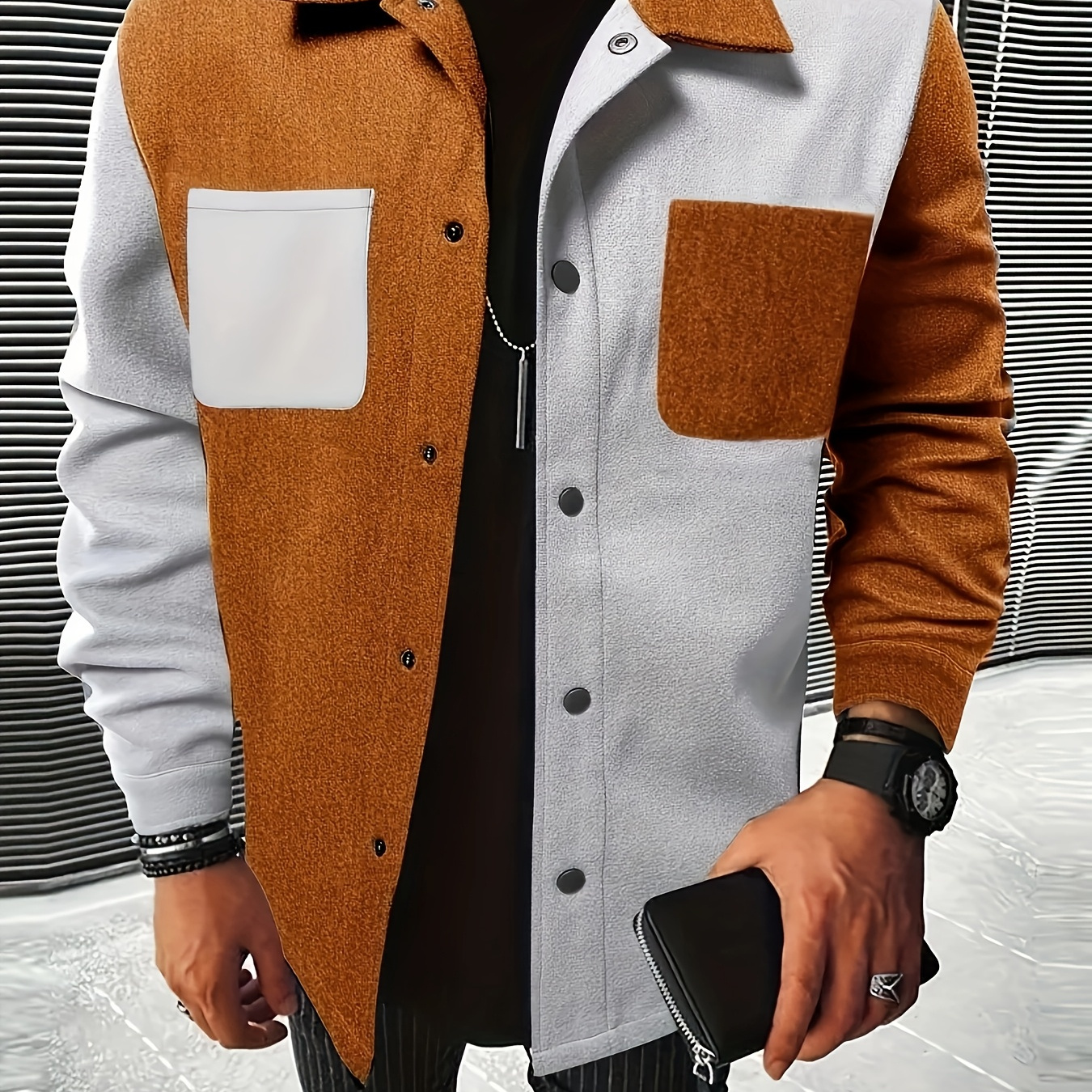 

| Men's Long Sleeve Jacket - Casual Outdoor Wear, Button-up, Polyester , Machine Washable, With Pockets, Men's Winter Wear|unique Design| Wear, Plus Size