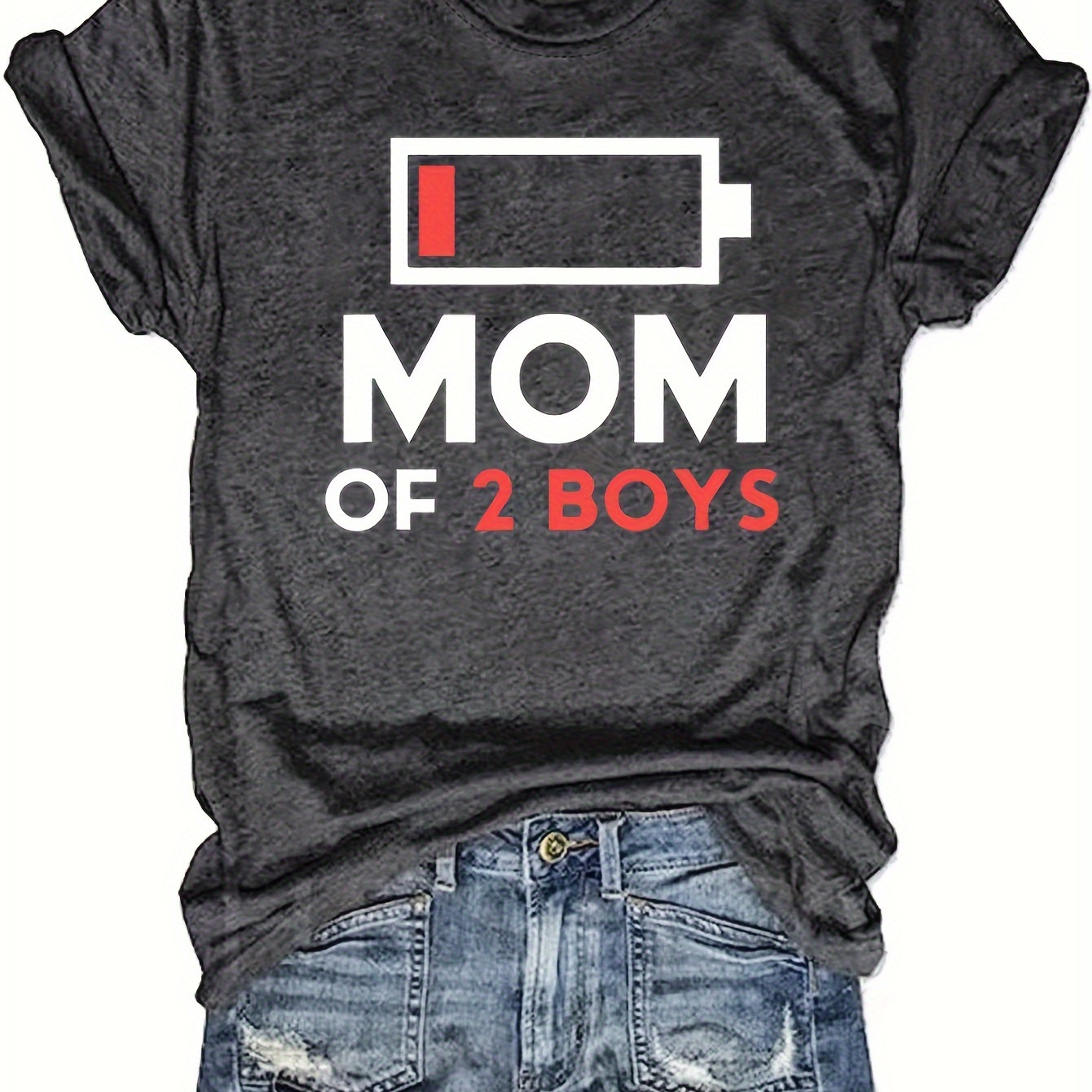 

Mom Of 2 Boys Print T-shirt, Casual Crew Neck Short Sleeve Top For Spring & Summer, Women's Clothing