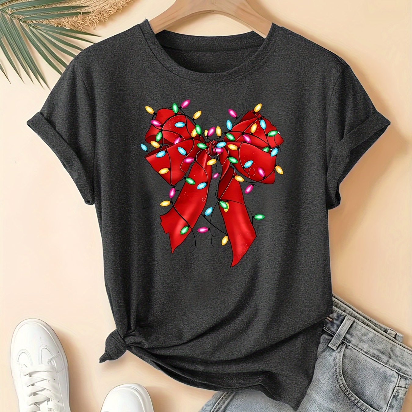 

Women's Festive Bow & Lights Print T-shirt - Casual Crew Neck, Short Sleeve,