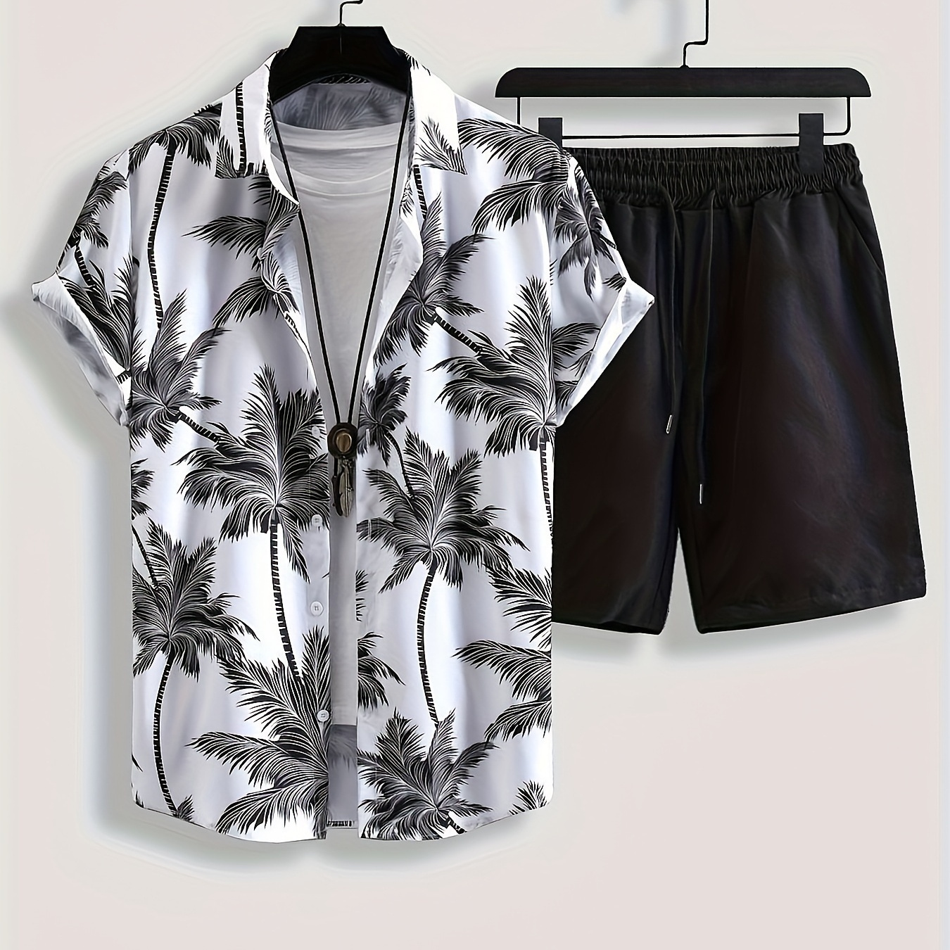 

1 Set Men's Casual Polyester Lapel Shirt And Shorts Set - Geometric Palm Tree Pattern, Woven Non-stretch Fabric, Regular Set