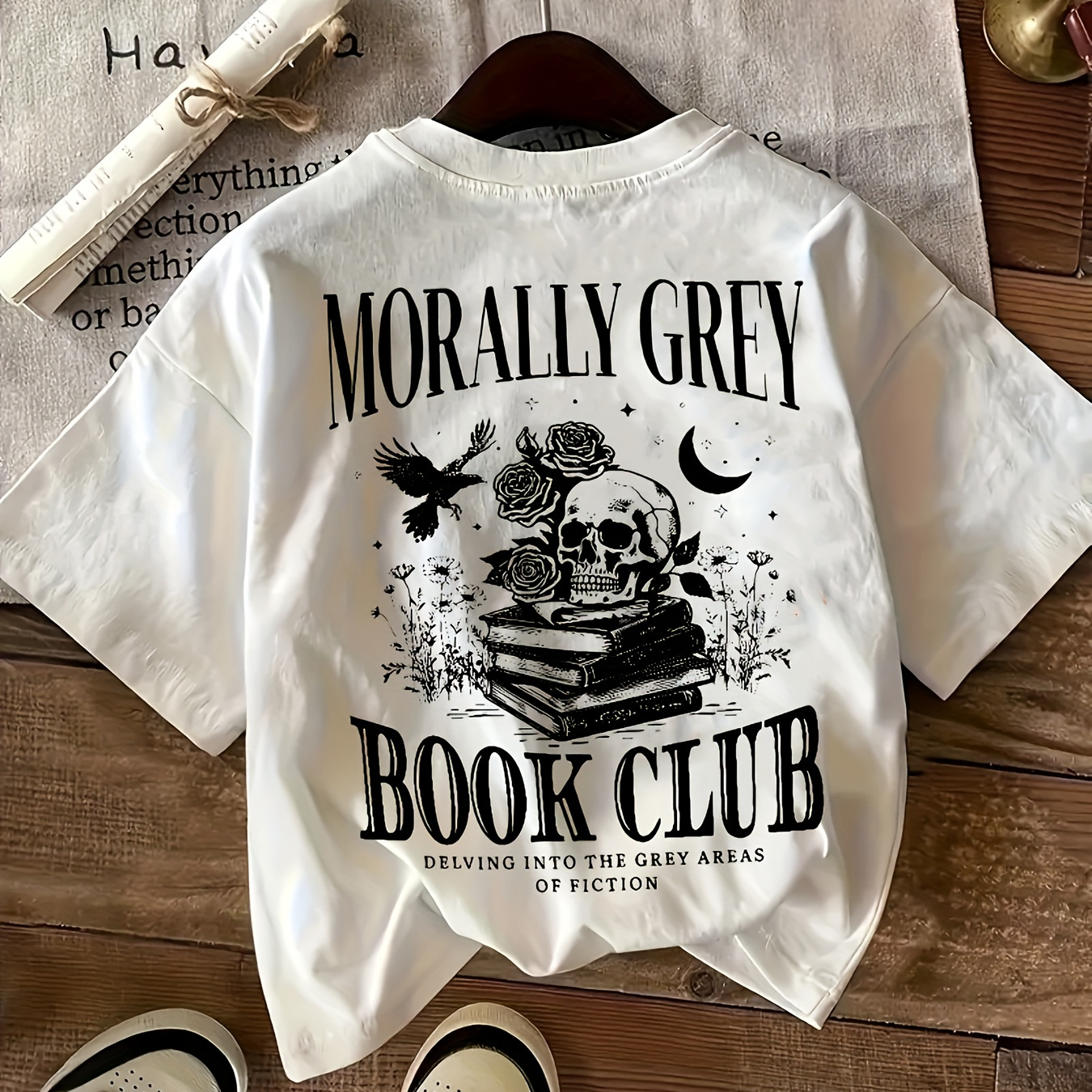 

Club" Women's Graphic Tee - Casual & Comfy With Skull And Books Print, Short Sleeve, Round Neck - Soft Rayon Blend, Spring/summer Top, Book Lover Gifts