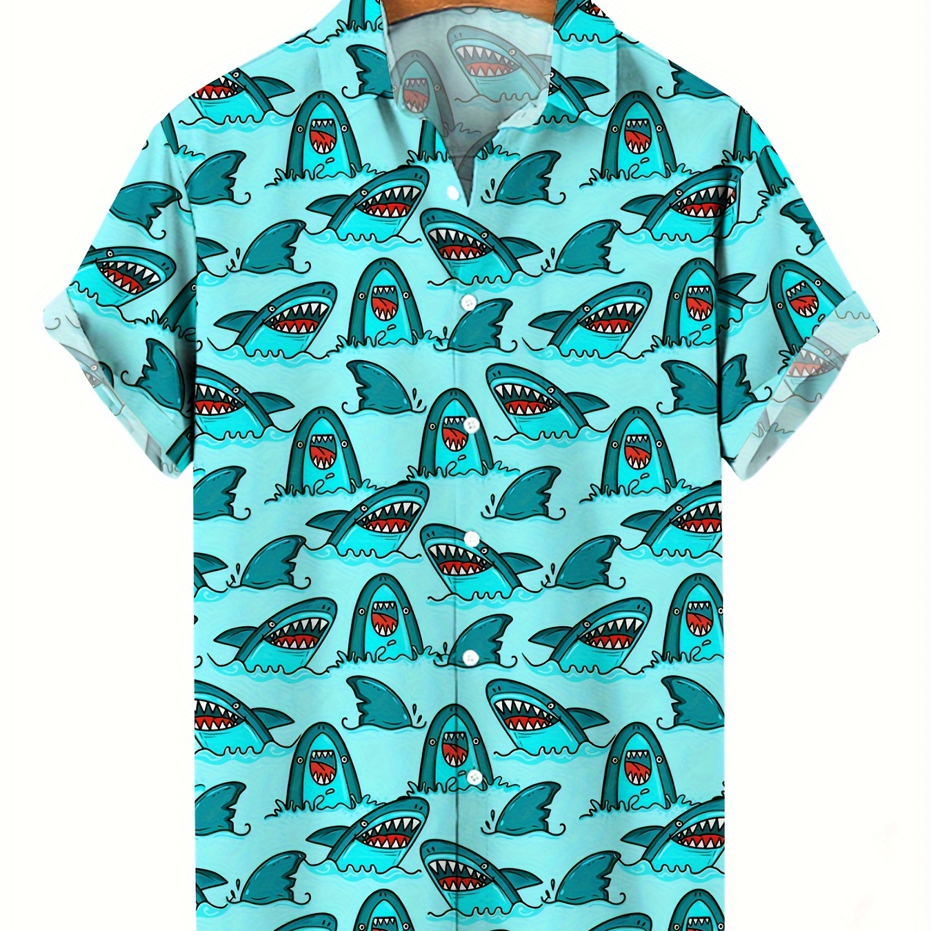 

Men's Short Sleeve Button-up Shirt With Fancy Shark Print, Casual Summer Hawaiian Style, Daily Vacation Beachwear For Men