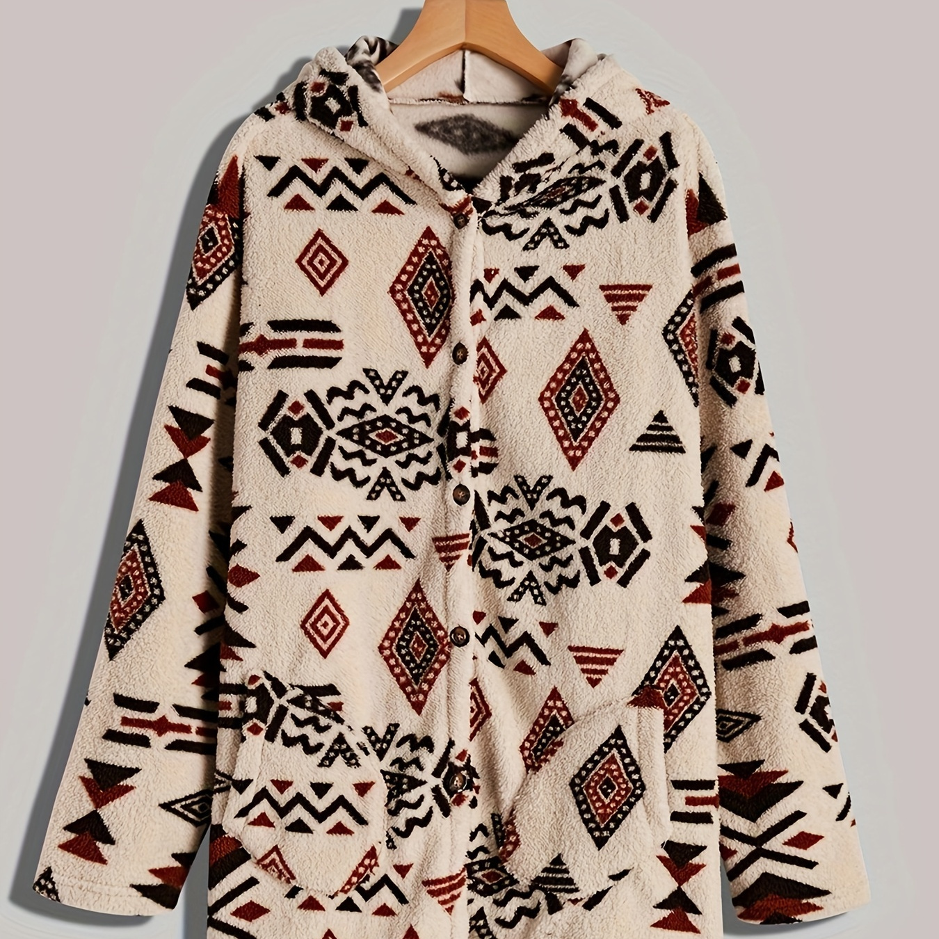 

Plus Size Boho Coat, Women's Plus Aztec Print Button Up Long Sleeve Hooded Tunic Coat With Pockets
