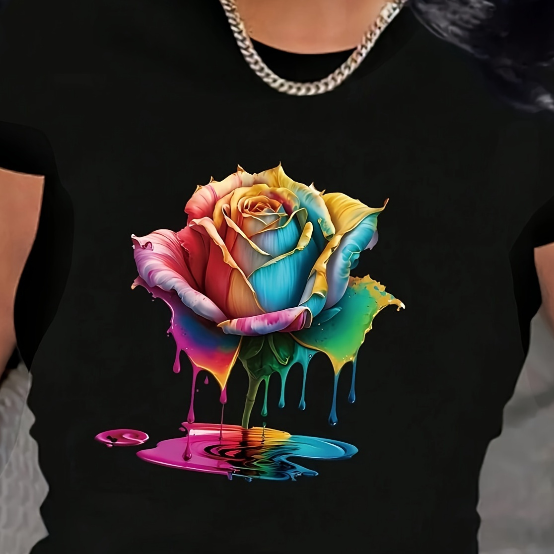 

Colorful Rose Print T-shirt, Short Sleeve Crew Neck Casual Top For Summer & Spring, Women's Clothing