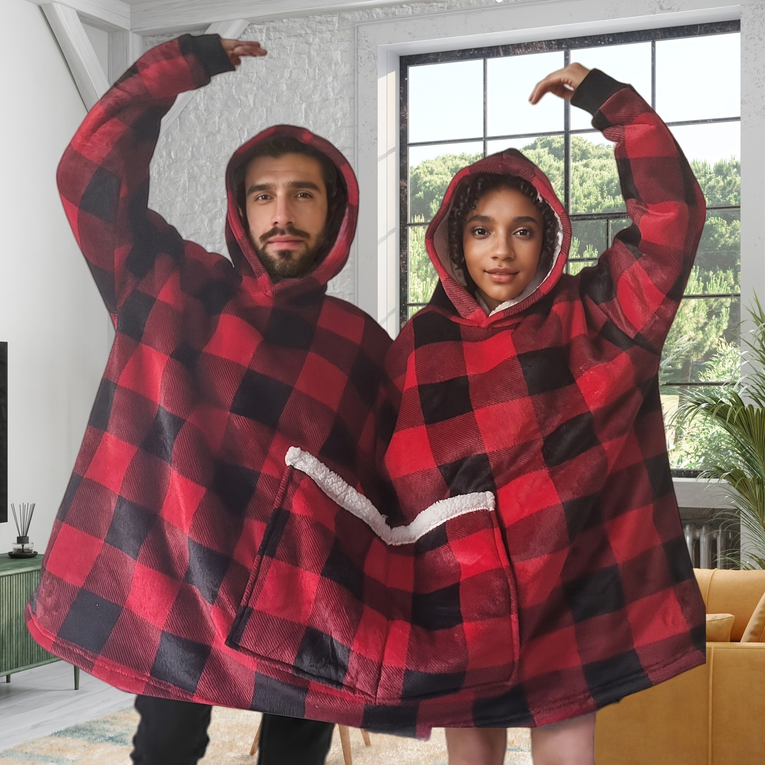 

1pc Unisex Hooded Pullover Robe - Cute Winter Fall Thickened Long Couple Loungewear, Polyester Knit Fabric, Hooded Collar, No Belt, Red Black Checkered, Plus Size