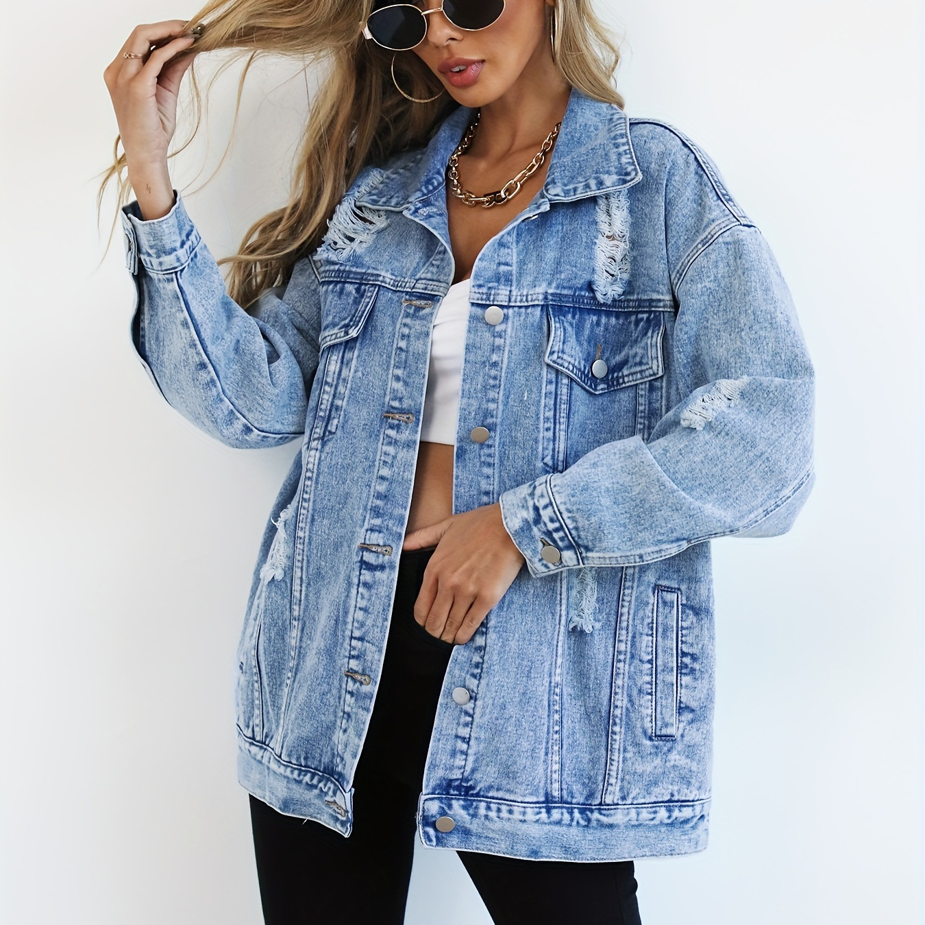 

Veste en jean ample délavée bleu uni à manches longues avec boutons, déchirée et délavée, jeans et vêtements en denim pour femmes.