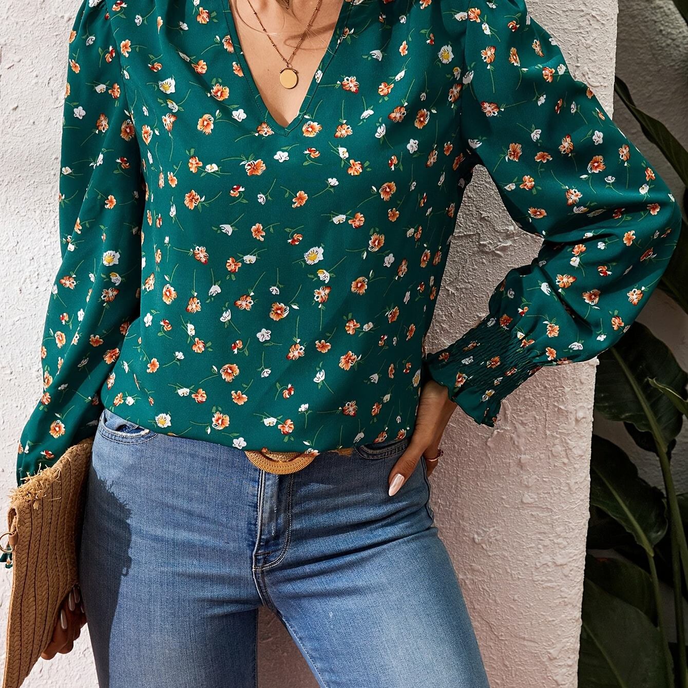 

Floral Print V Neck Blouse, Elegant Long Sleeve Blouse For Spring & Fall, Women's Clothing