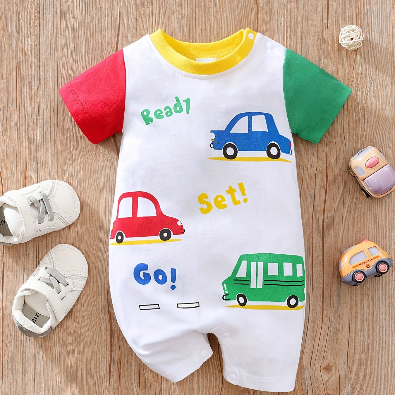 

Baby Boys Color Block Cartoon Car Cotton Romper, Short Sleeves Summer Rompers, Comfortable Breathable Baby Clothes