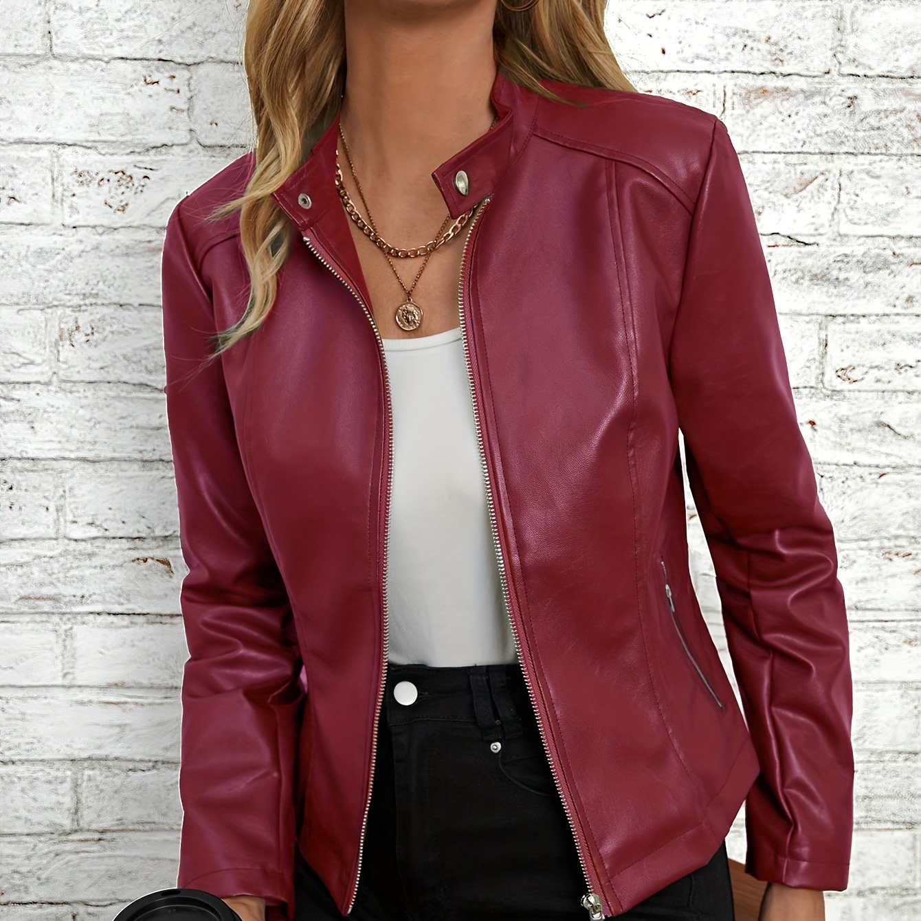 

Leather Zip-up Jacket, Stylish Long Sleeve Tunic Jacket For Spring & Fall, Women's Clothing