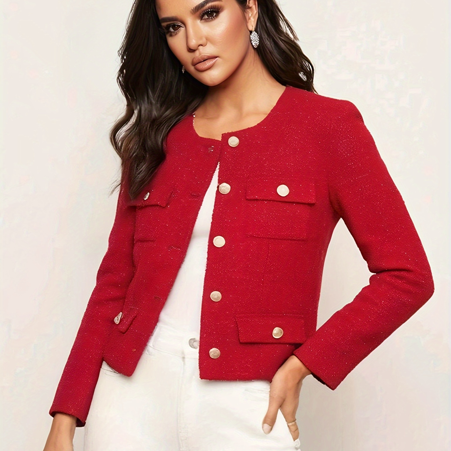 

Veste Rouge Élégante pour Femme - Chic Boutonnée, 100% Polyester, Lavable en Machine, Col Rond, Manches Longues avec Poches - Parfaite pour &