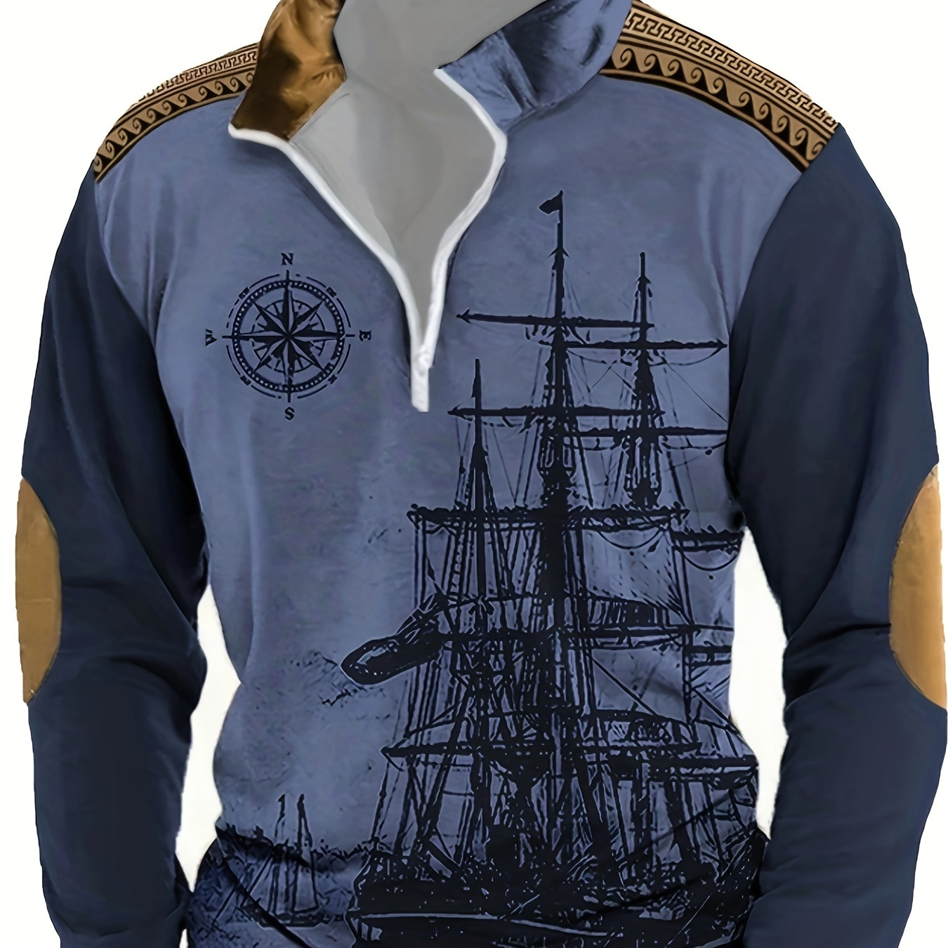 

Vintage Nautical Ship Print Henley Sweatshirt For Men - 100% Polyester Henley Top With Lapel Collar, Slight Stretch Fabric, Zipper Detail, Loose Fit, Knit - Fall/winter Casual Pullover