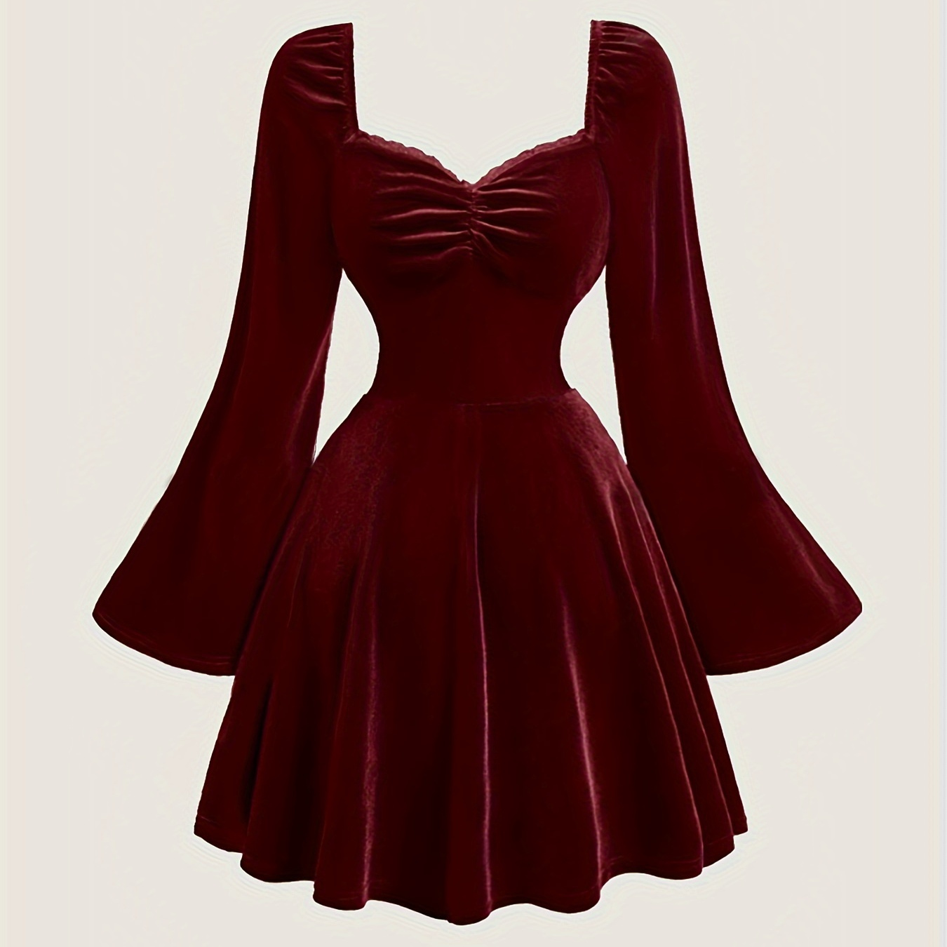 

Elegant Velvet Pleated Dress With Lace Detail - V-neck, Long Sleeve, Fall/winter Parties & Banquets