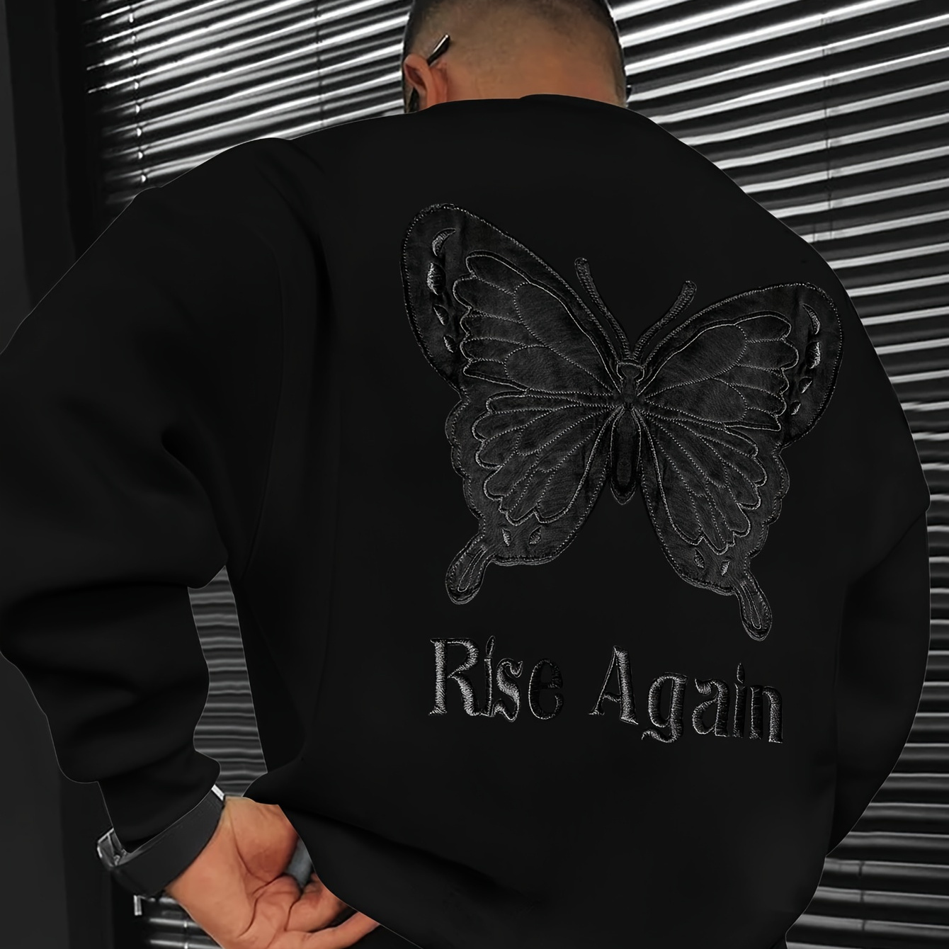 

Men's Casual Crew Neck Sweatshirt With 3d Butterfly Print And "rise Again" Slogan – Polyester 100%, Slight Stretch Knit Fabric, Loose Fit Animal Pattern Long Sleeve Active Pullover